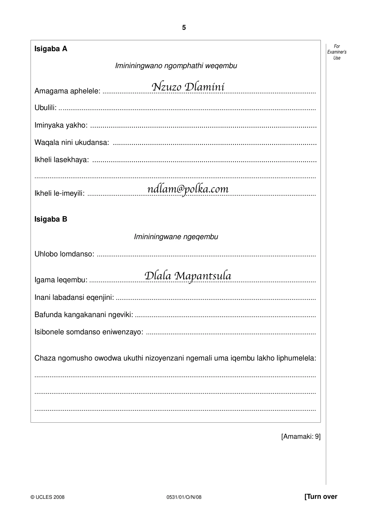 Cambridge IGCSE IsiZulu as a Second Language 0531 2008 Oct/Nov Paper 1 · Variant 1 question paper, page 5 of 16