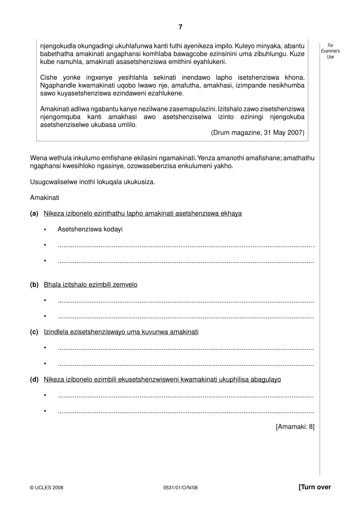 Cambridge IGCSE IsiZulu as a Second Language 0531 2008 Oct/Nov Paper 1 · Variant 1 question paper, page 7 of 16