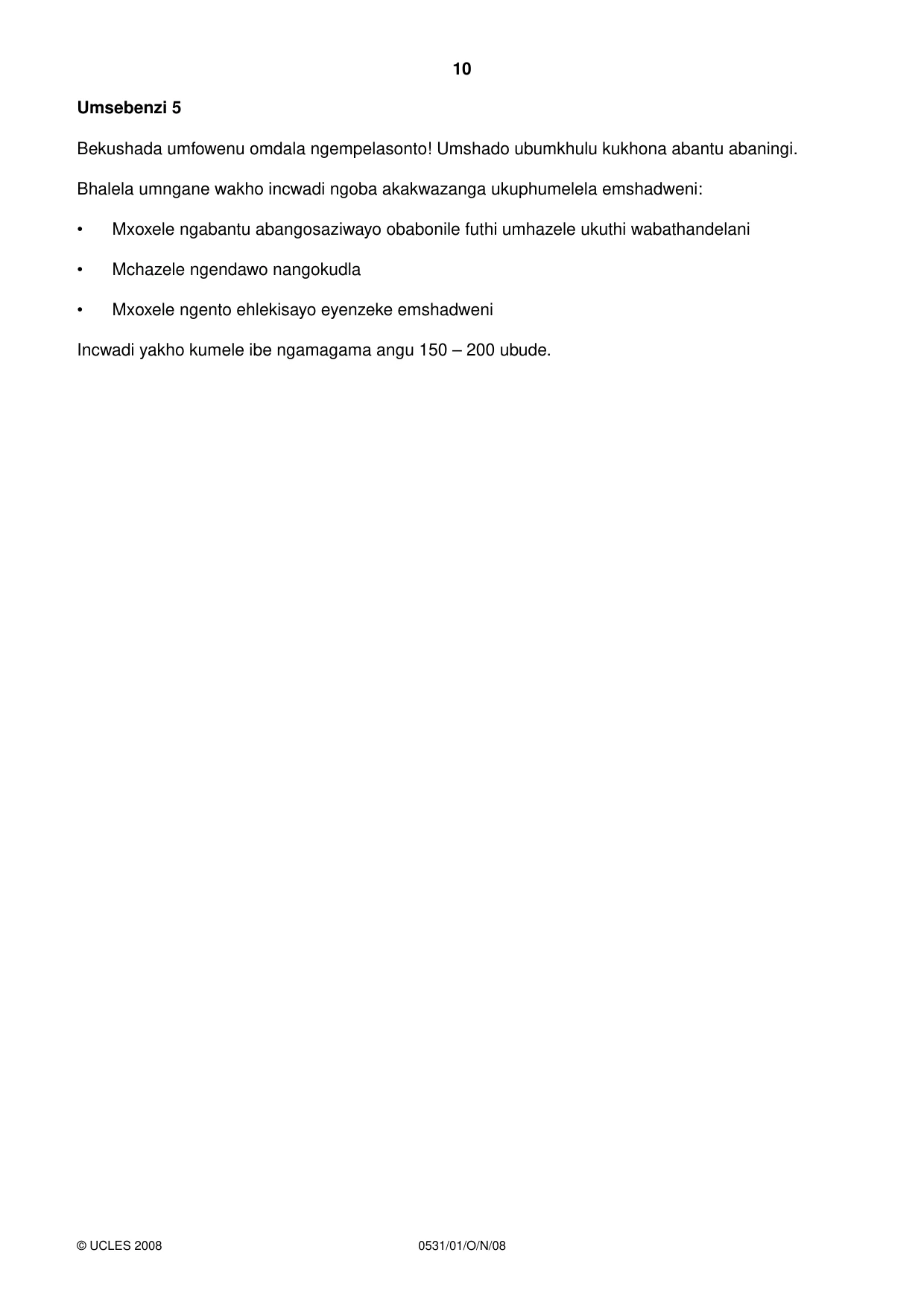 Cambridge IGCSE IsiZulu as a Second Language 0531 2008 Oct/Nov Paper 1 · Variant 1 question paper, page 10 of 16