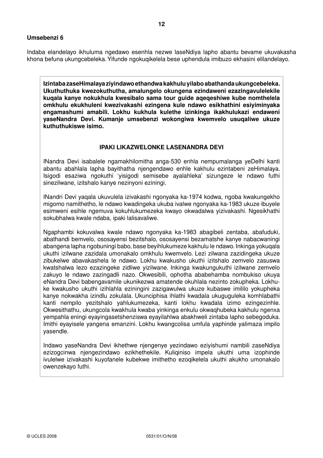 Cambridge IGCSE IsiZulu as a Second Language 0531 2008 Oct/Nov Paper 1 · Variant 1 question paper, page 12 of 16