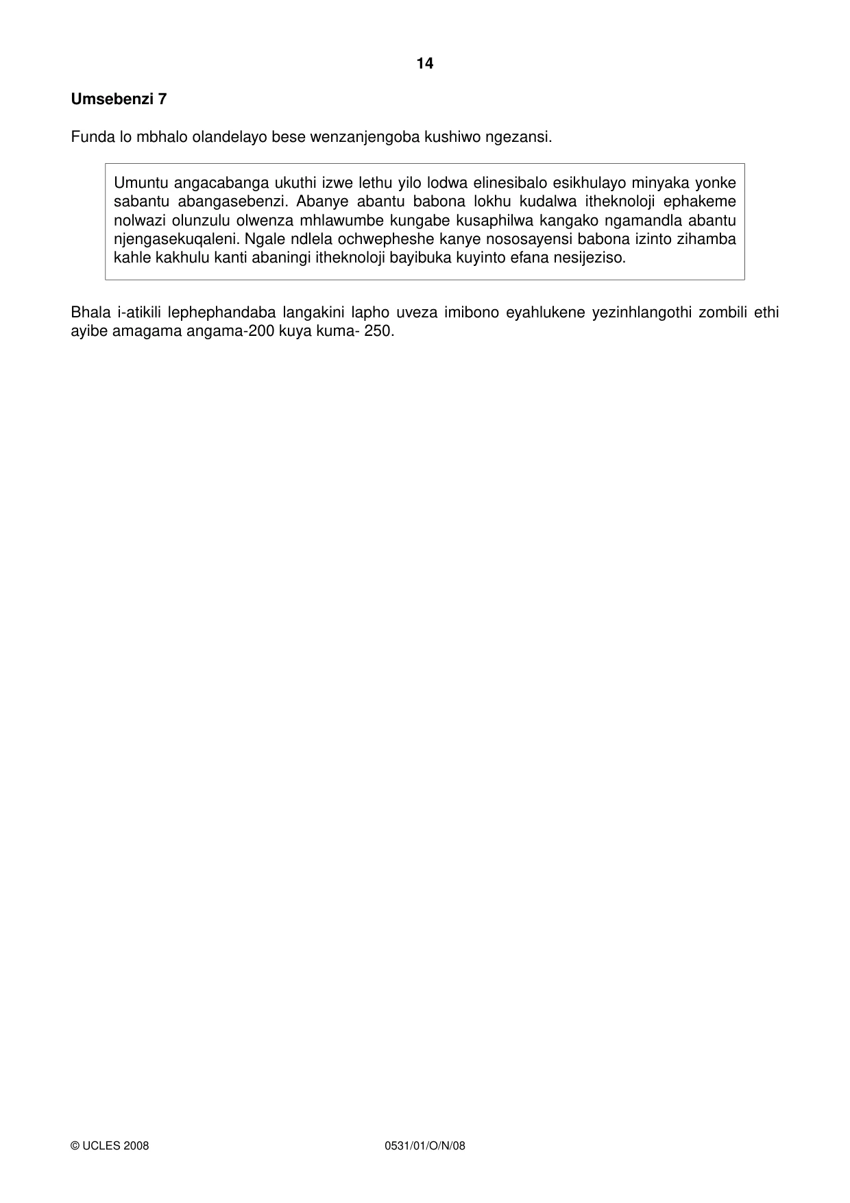 Cambridge IGCSE IsiZulu as a Second Language 0531 2008 Oct/Nov Paper 1 · Variant 1 question paper, page 14 of 16
