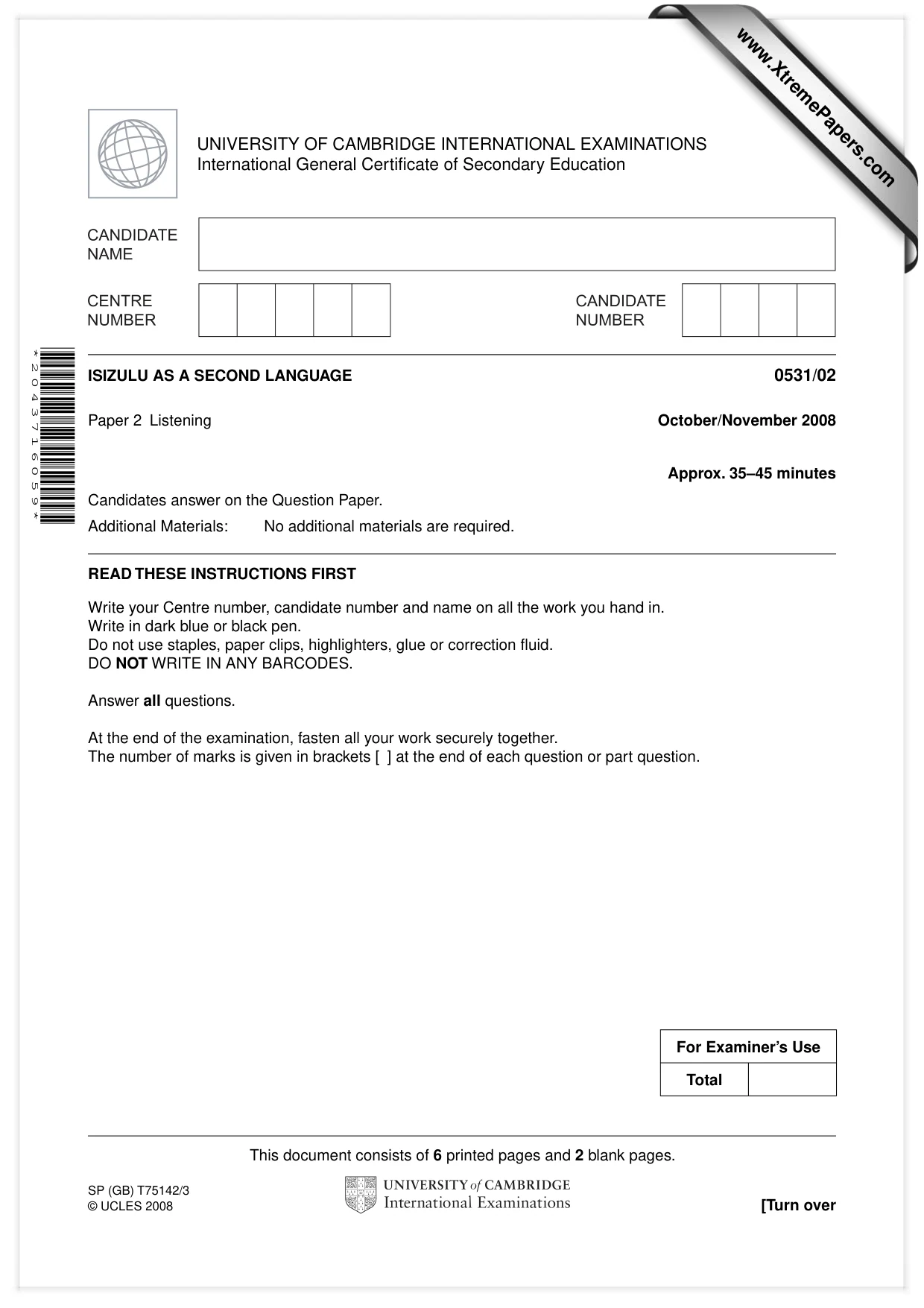 Cambridge IGCSE IsiZulu as a Second Language 0531 2008 Oct/Nov Paper 2 · Variant 1 question paper, page 1 of 8