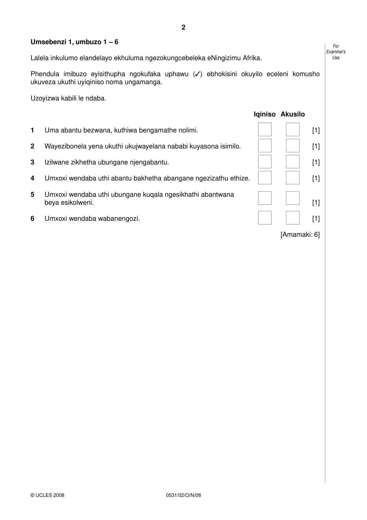 Cambridge IGCSE IsiZulu as a Second Language 0531 2008 Oct/Nov Paper 2 · Variant 1 question paper, page 2 of 8