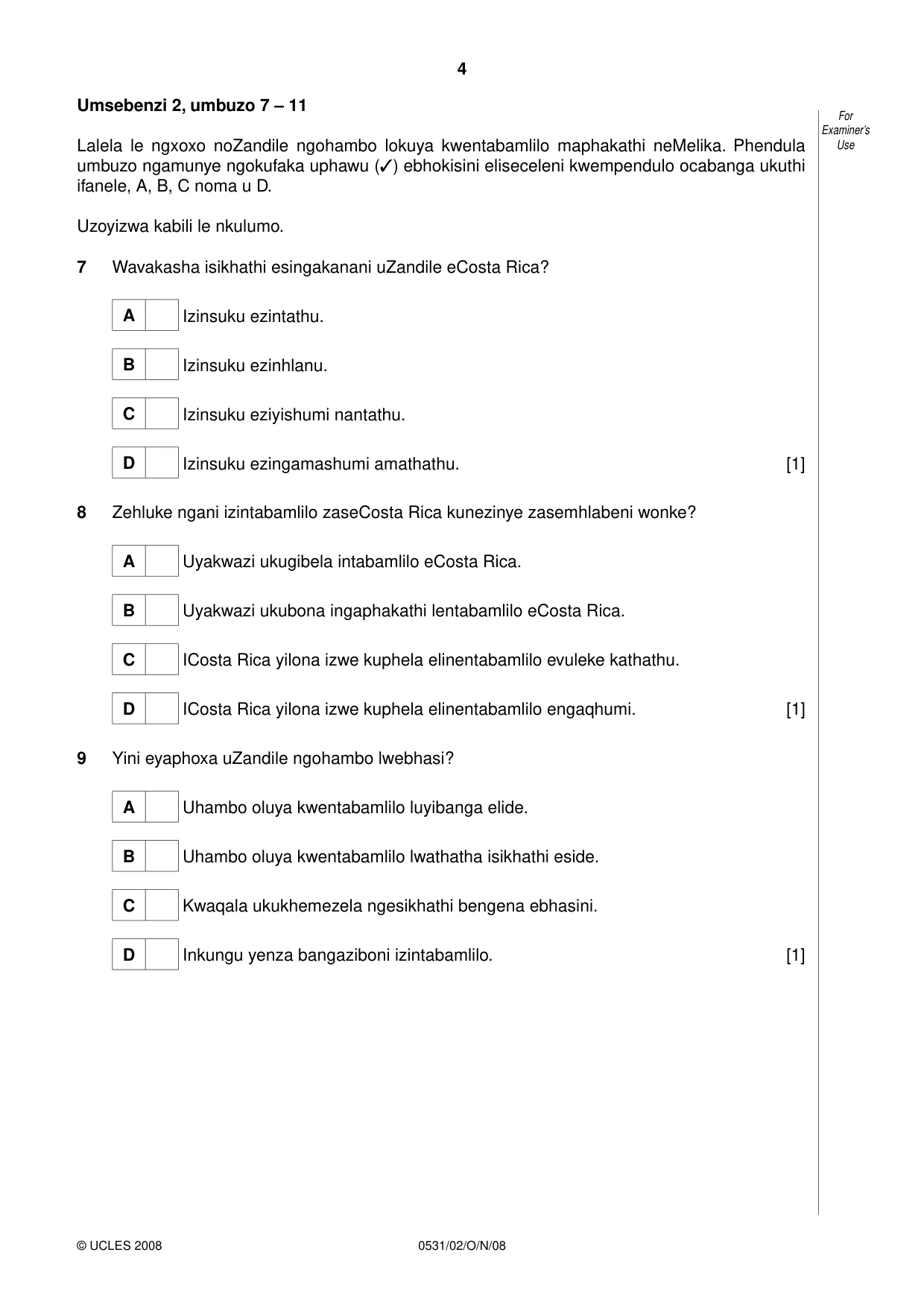 Cambridge IGCSE IsiZulu as a Second Language 0531 2008 Oct/Nov Paper 2 · Variant 1 question paper, page 4 of 8