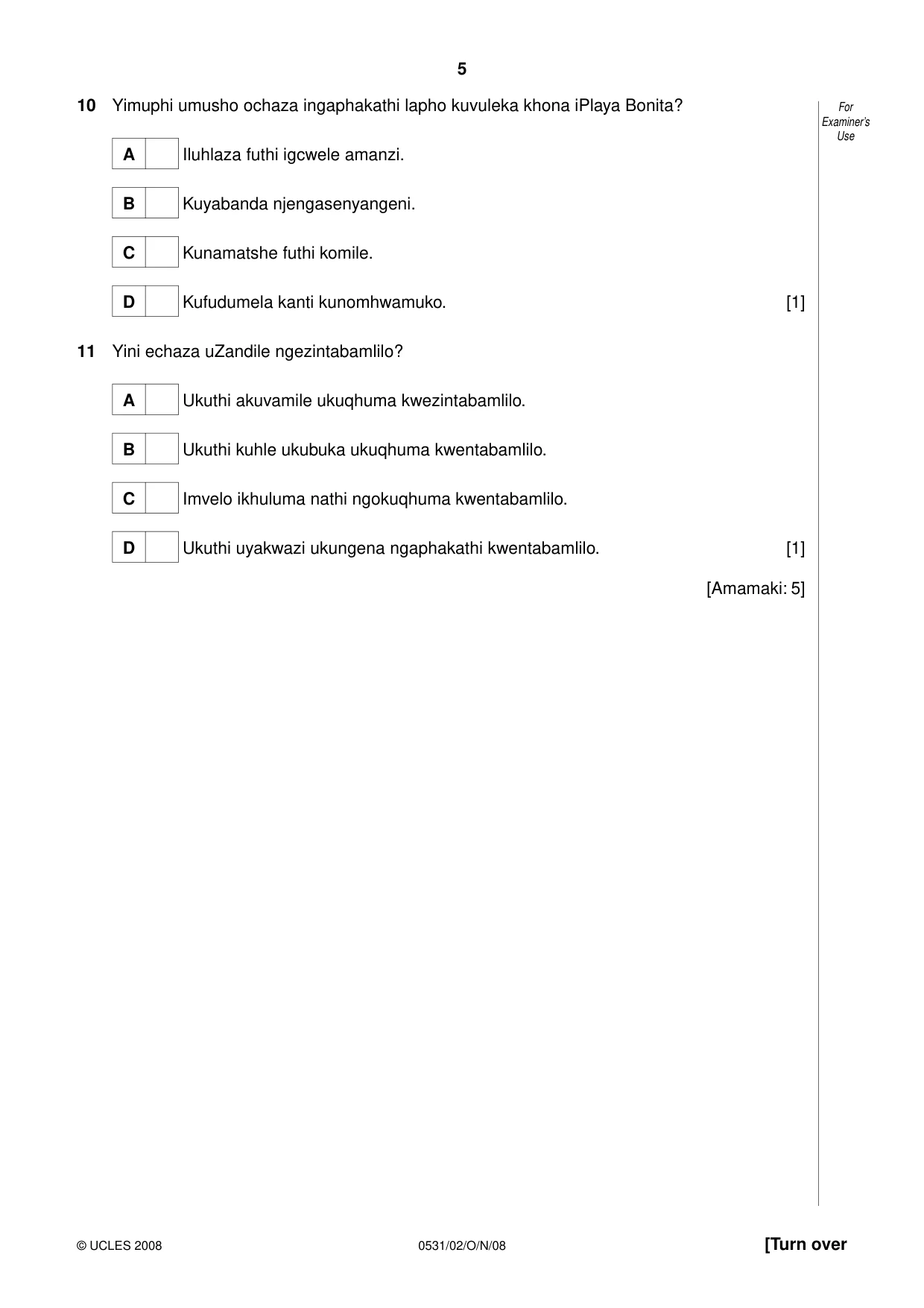 Cambridge IGCSE IsiZulu as a Second Language 0531 2008 Oct/Nov Paper 2 · Variant 1 question paper, page 5 of 8