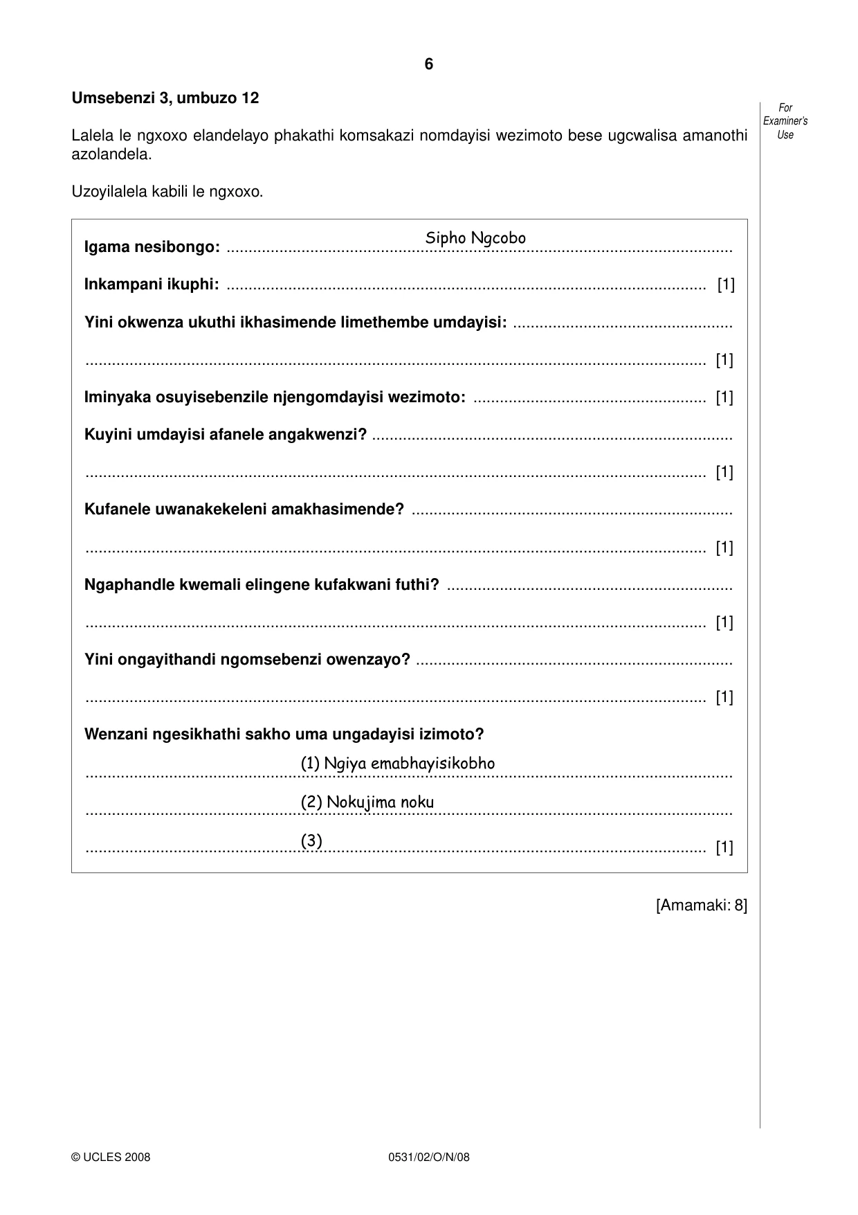 Cambridge IGCSE IsiZulu as a Second Language 0531 2008 Oct/Nov Paper 2 · Variant 1 question paper, page 6 of 8
