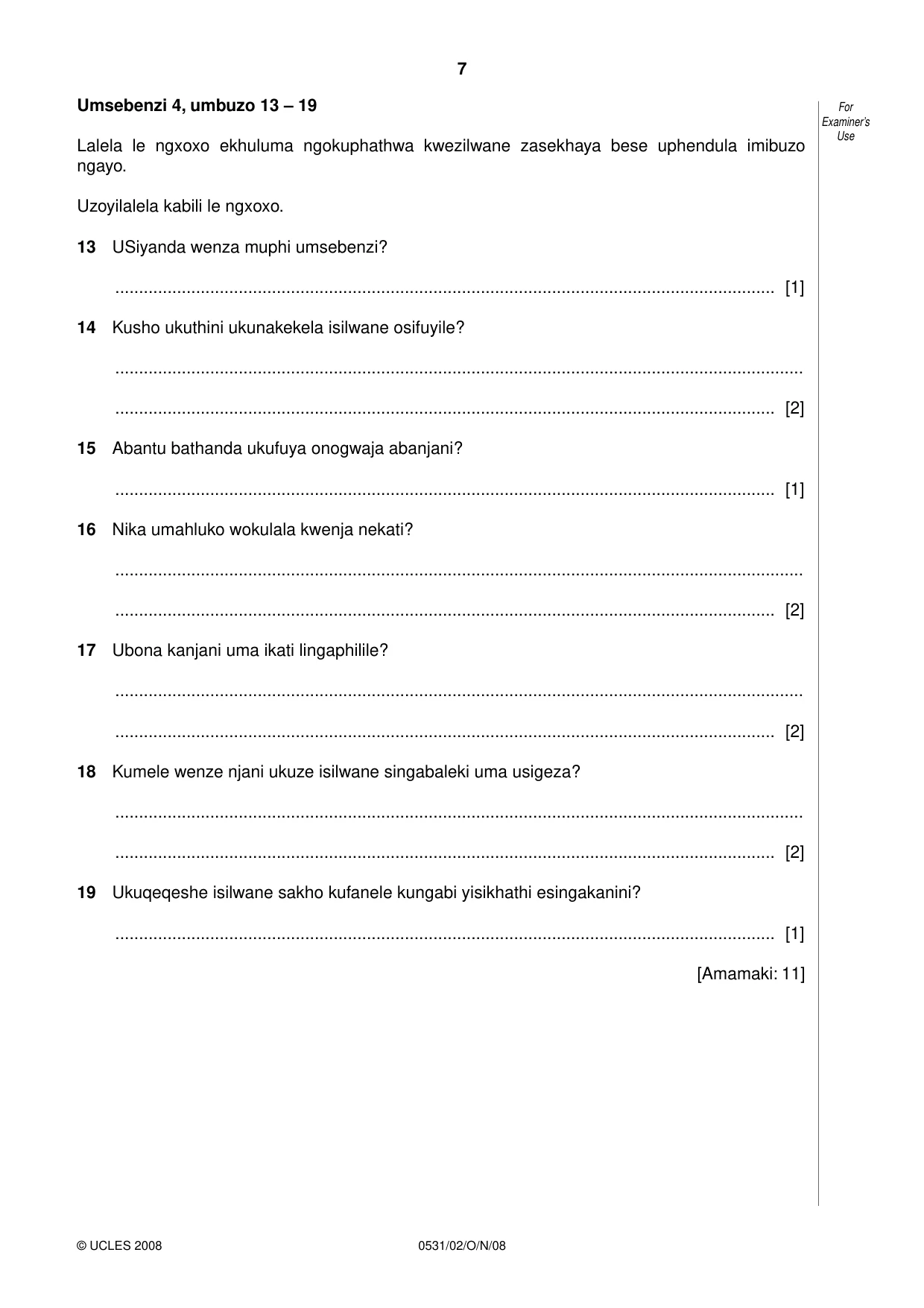 Cambridge IGCSE IsiZulu as a Second Language 0531 2008 Oct/Nov Paper 2 · Variant 1 question paper, page 7 of 8