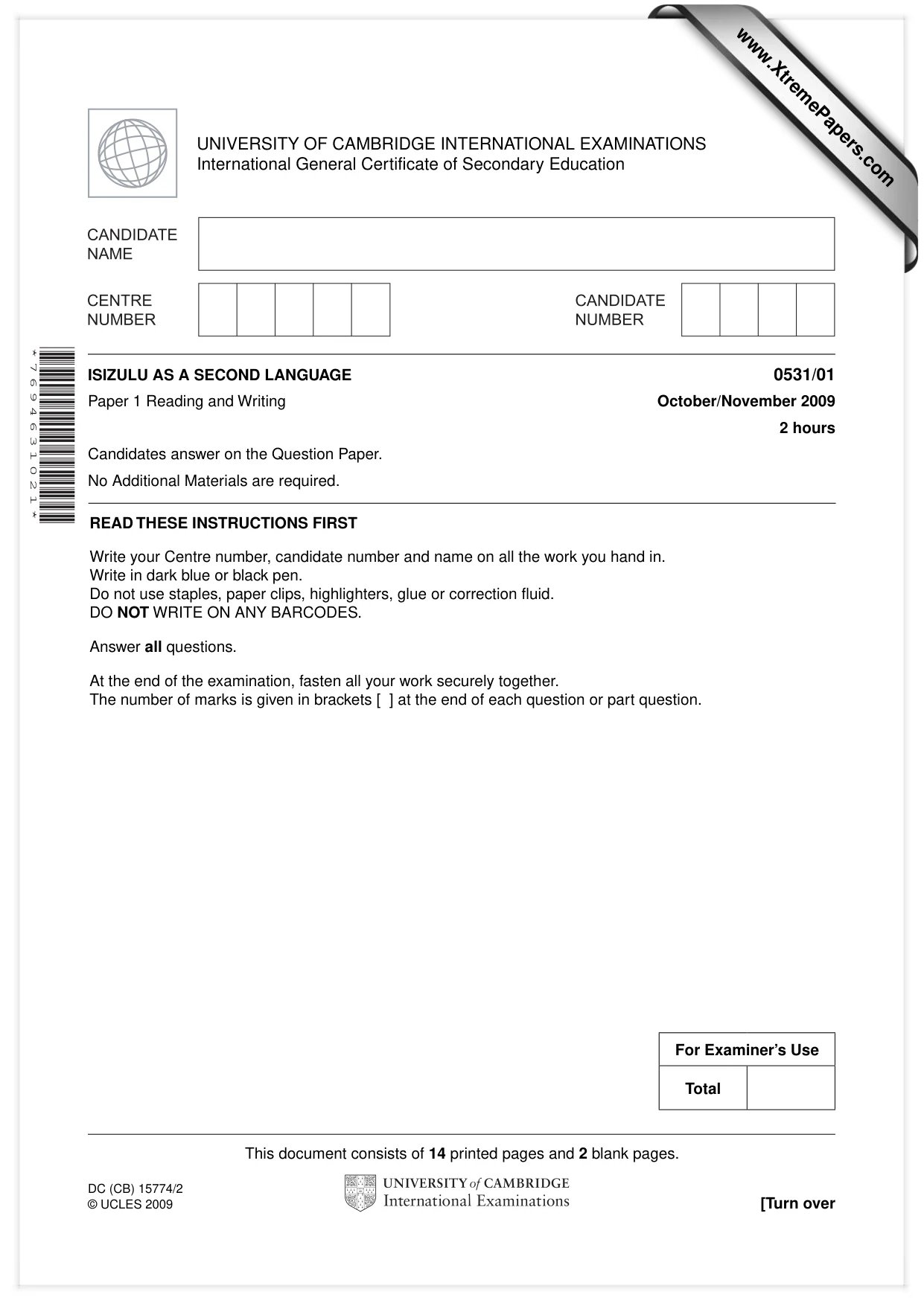 Cambridge IGCSE IsiZulu as a Second Language 0531 2009 Oct/Nov Paper 1 · Variant 1 question paper, page 1 of 16