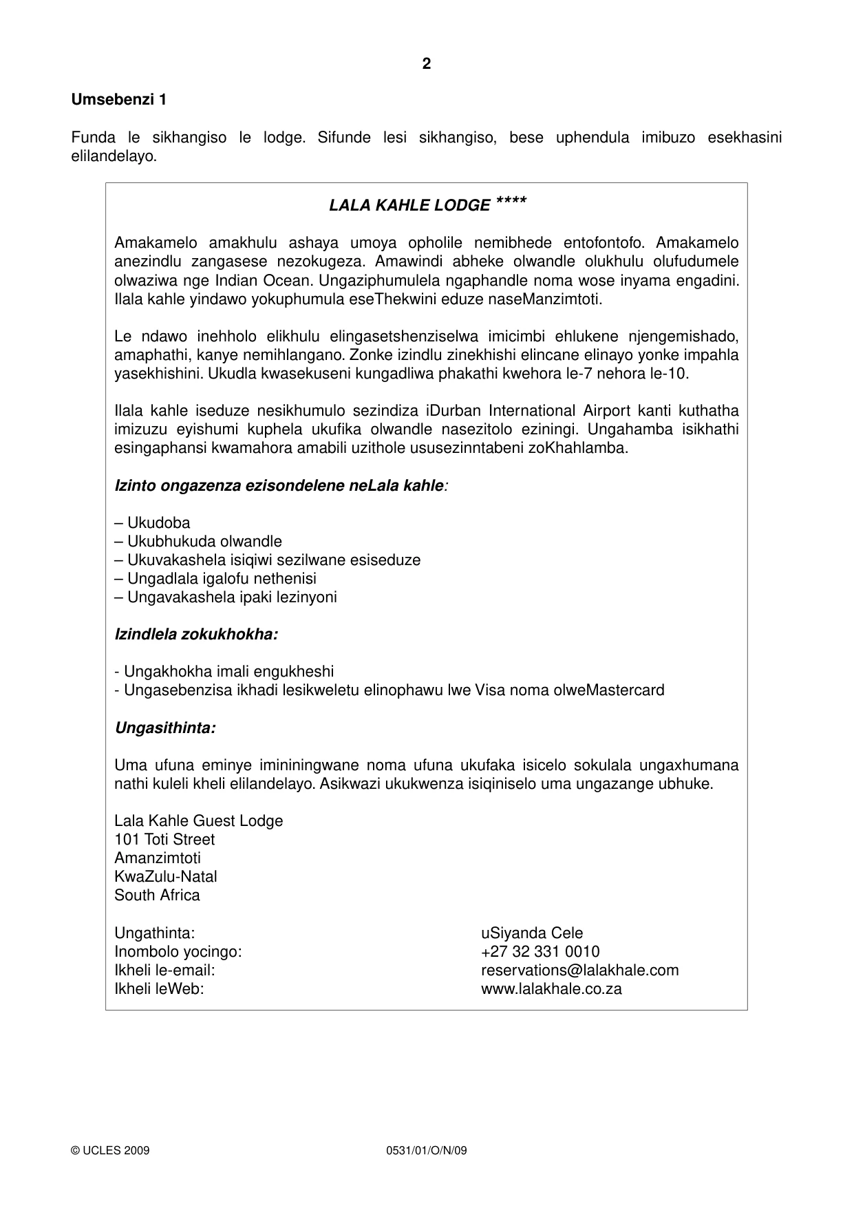 Cambridge IGCSE IsiZulu as a Second Language 0531 2009 Oct/Nov Paper 1 · Variant 1 question paper, page 2 of 16