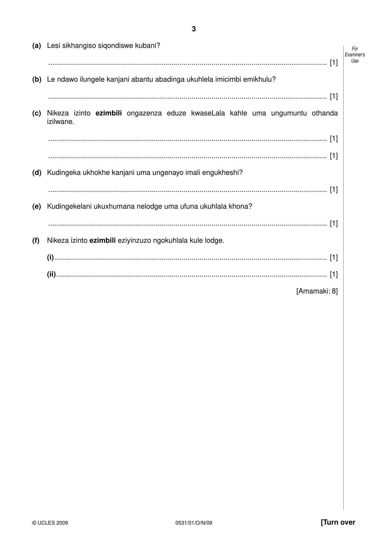 Cambridge IGCSE IsiZulu as a Second Language 0531 2009 Oct/Nov Paper 1 · Variant 1 question paper, page 3 of 16