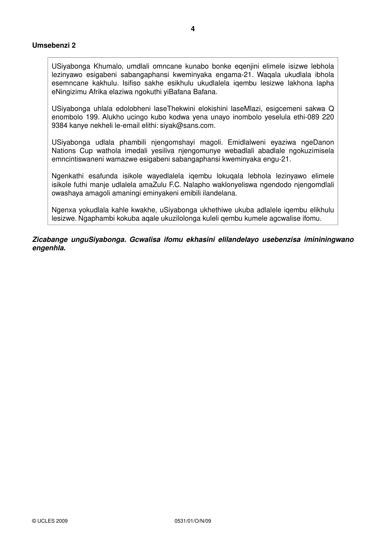 Cambridge IGCSE IsiZulu as a Second Language 0531 2009 Oct/Nov Paper 1 · Variant 1 question paper, page 4 of 16