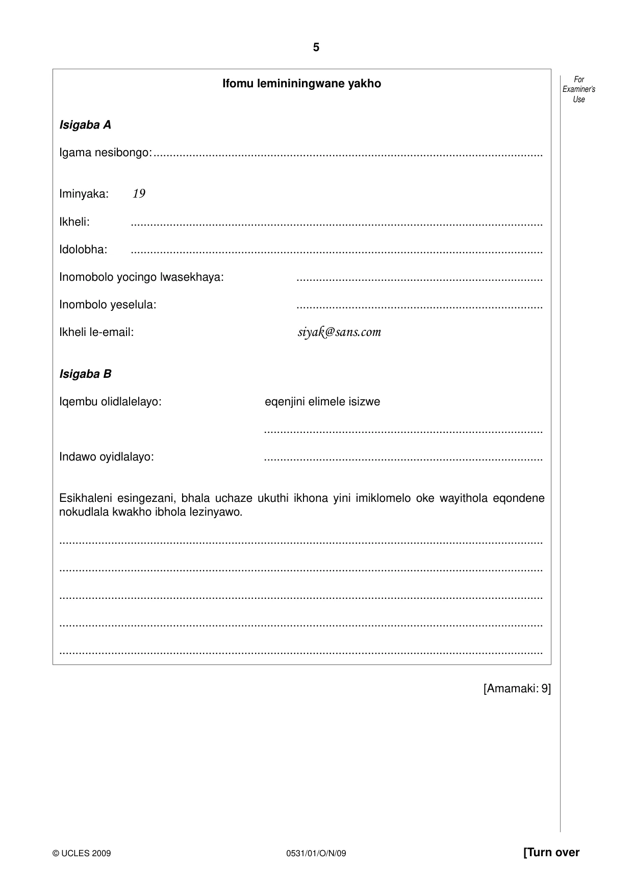 Cambridge IGCSE IsiZulu as a Second Language 0531 2009 Oct/Nov Paper 1 · Variant 1 question paper, page 5 of 16