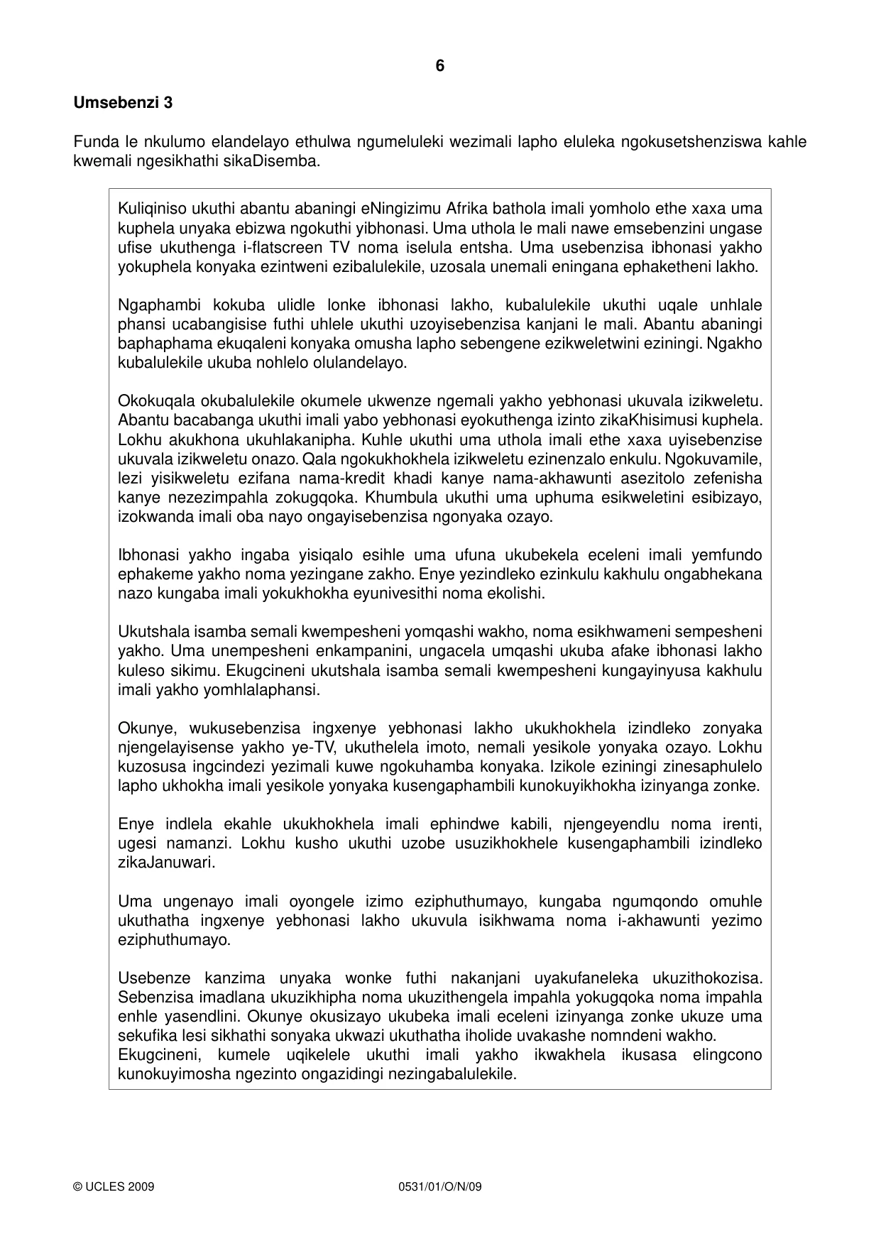 Cambridge IGCSE IsiZulu as a Second Language 0531 2009 Oct/Nov Paper 1 · Variant 1 question paper, page 6 of 16