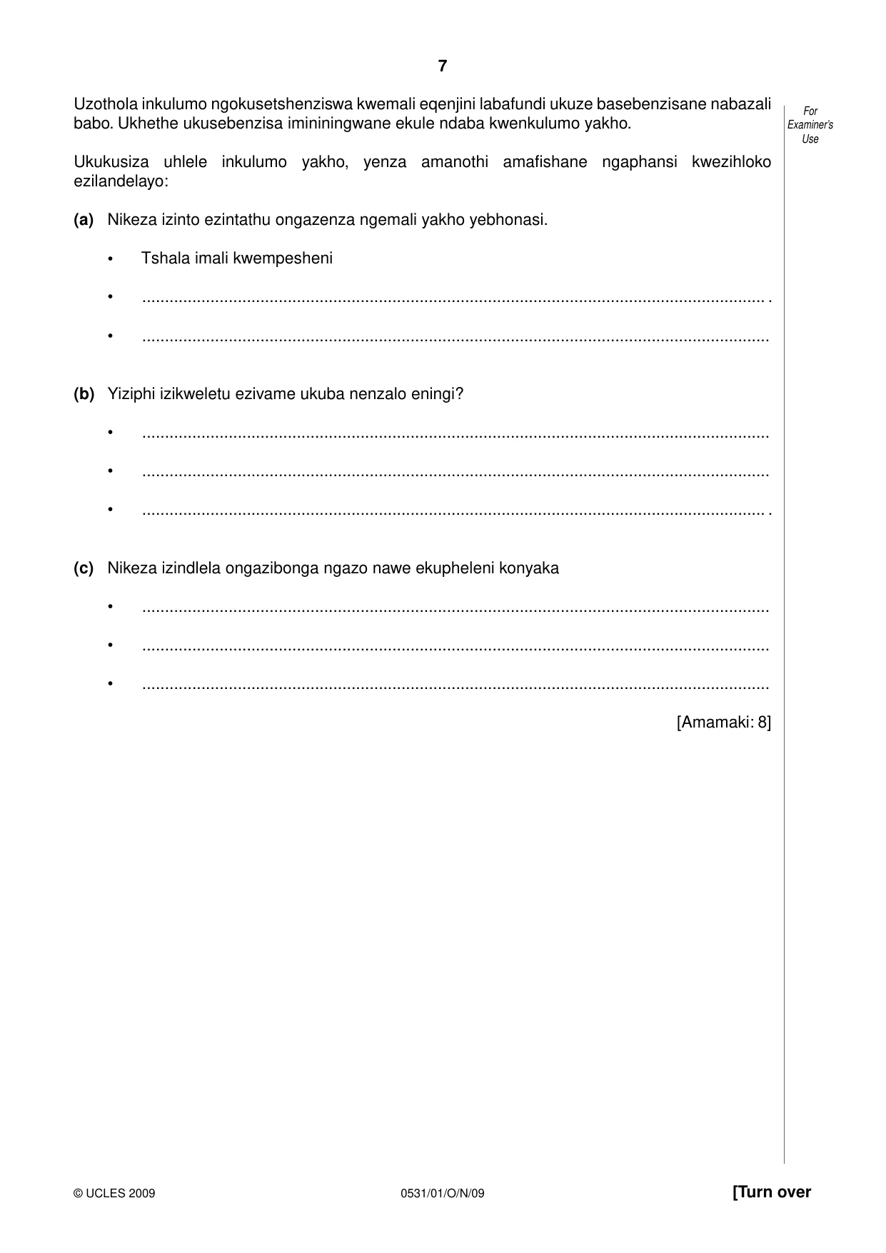 Cambridge IGCSE IsiZulu as a Second Language 0531 2009 Oct/Nov Paper 1 · Variant 1 question paper, page 7 of 16
