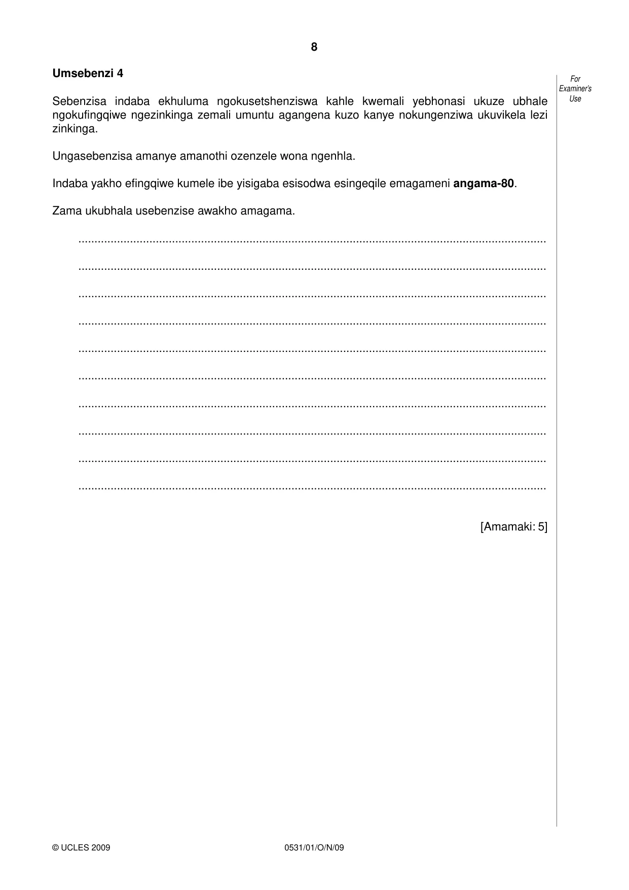 Cambridge IGCSE IsiZulu as a Second Language 0531 2009 Oct/Nov Paper 1 · Variant 1 question paper, page 8 of 16
