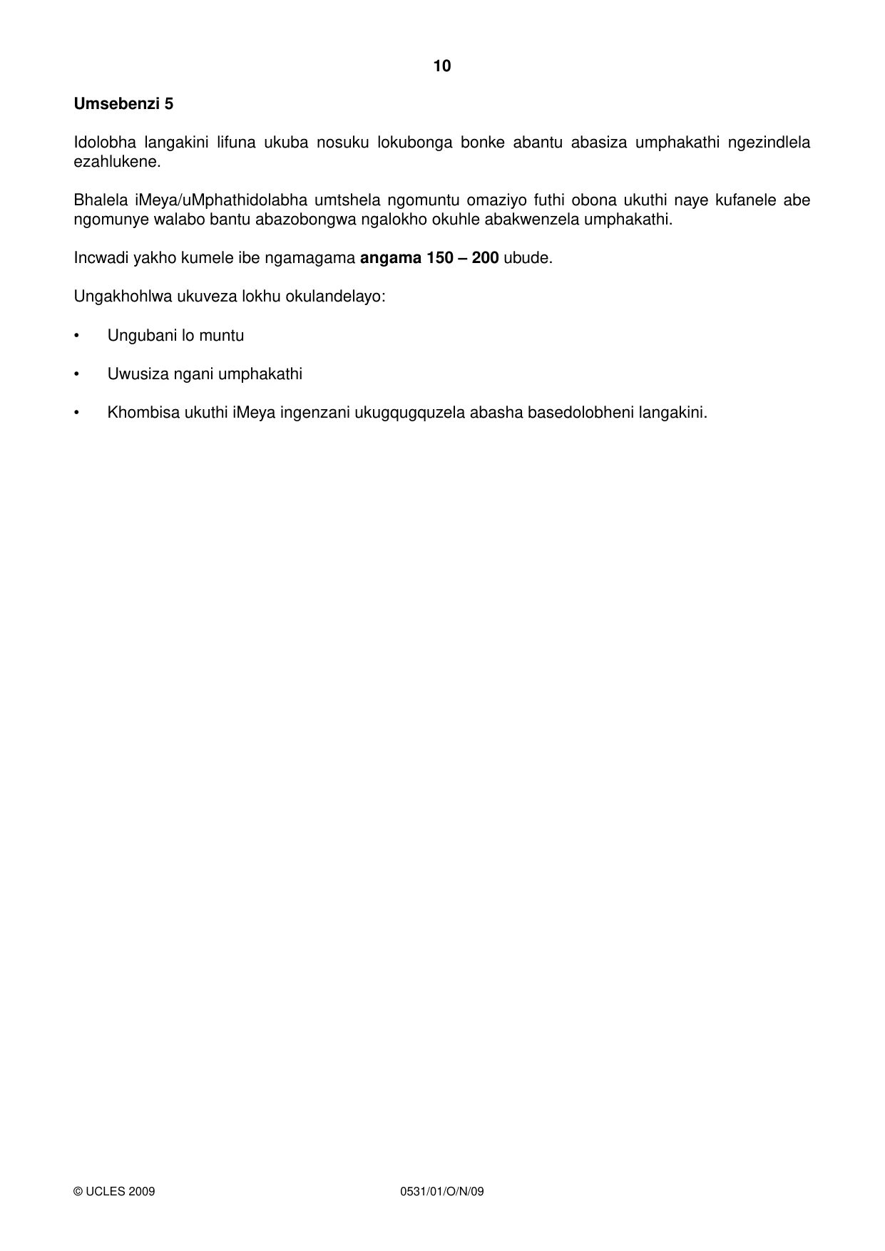 Cambridge IGCSE IsiZulu as a Second Language 0531 2009 Oct/Nov Paper 1 · Variant 1 question paper, page 10 of 16