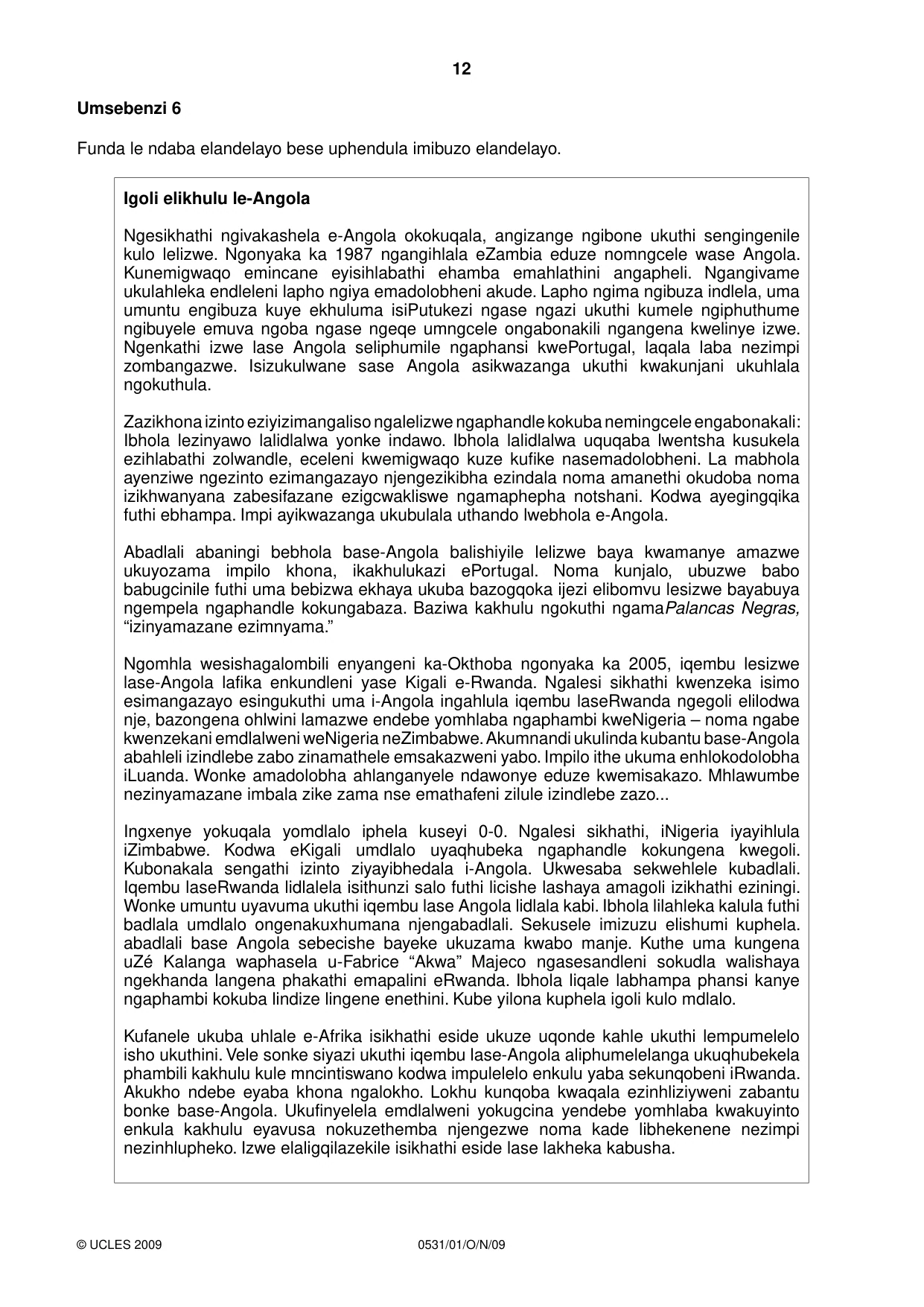 Cambridge IGCSE IsiZulu as a Second Language 0531 2009 Oct/Nov Paper 1 · Variant 1 question paper, page 12 of 16