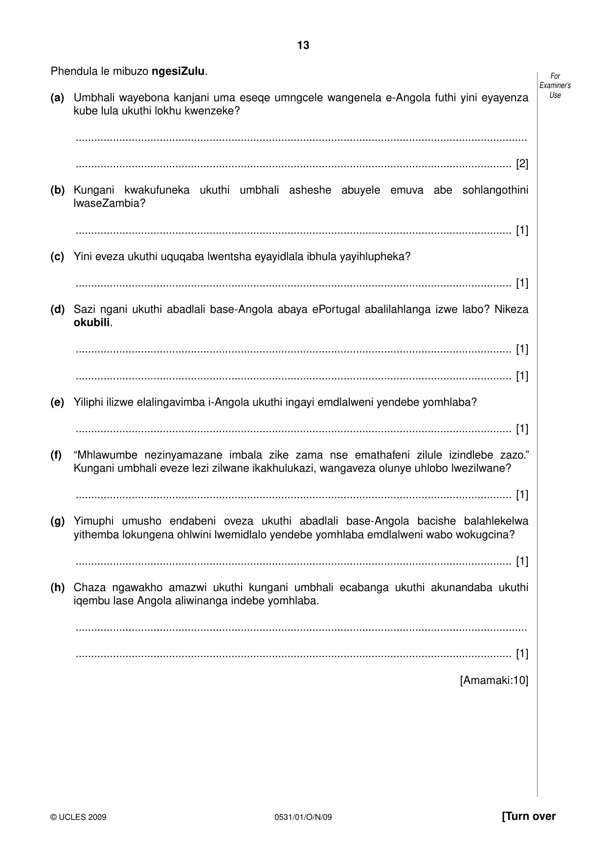 Cambridge IGCSE IsiZulu as a Second Language 0531 2009 Oct/Nov Paper 1 · Variant 1 question paper, page 13 of 16