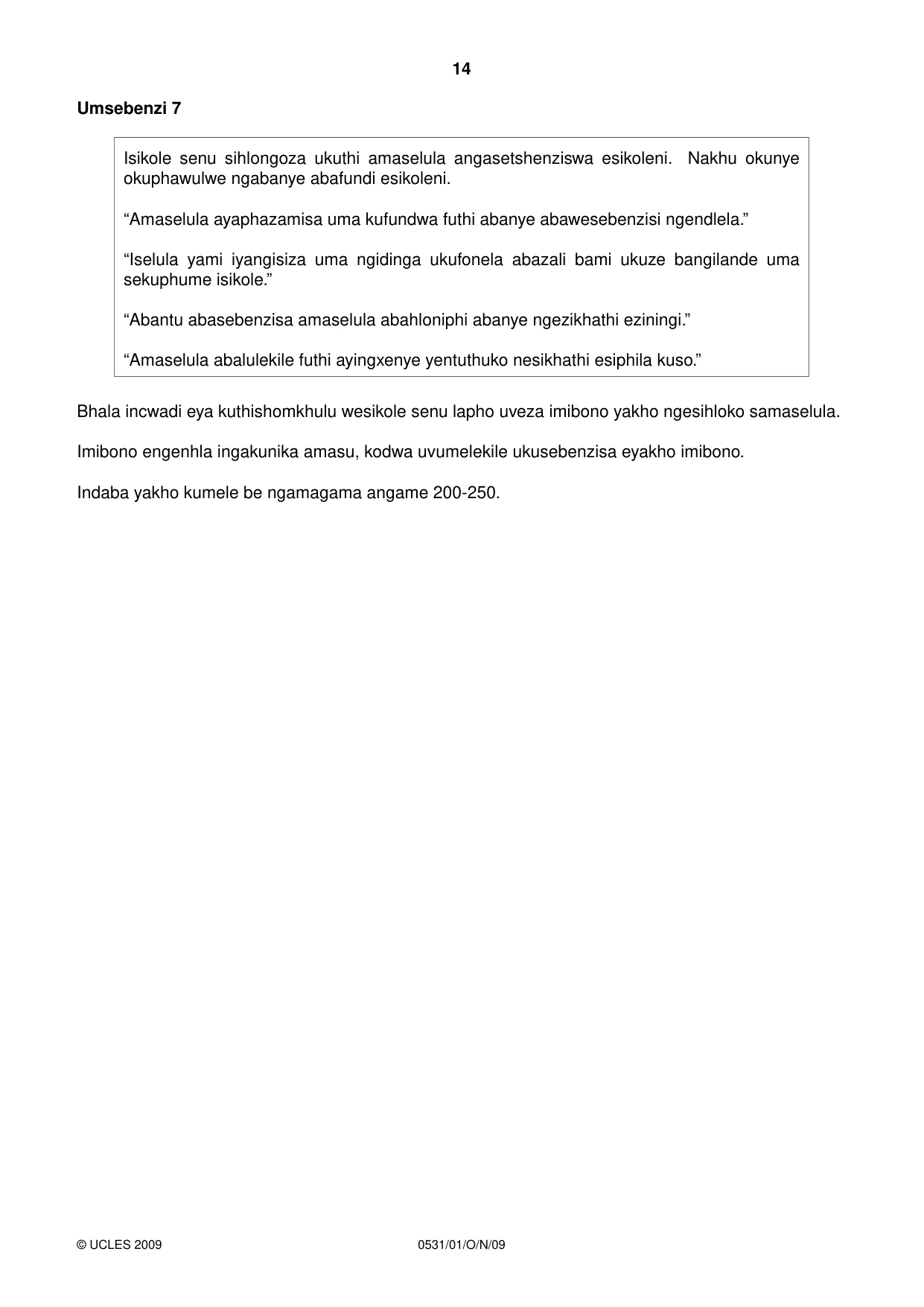 Cambridge IGCSE IsiZulu as a Second Language 0531 2009 Oct/Nov Paper 1 · Variant 1 question paper, page 14 of 16