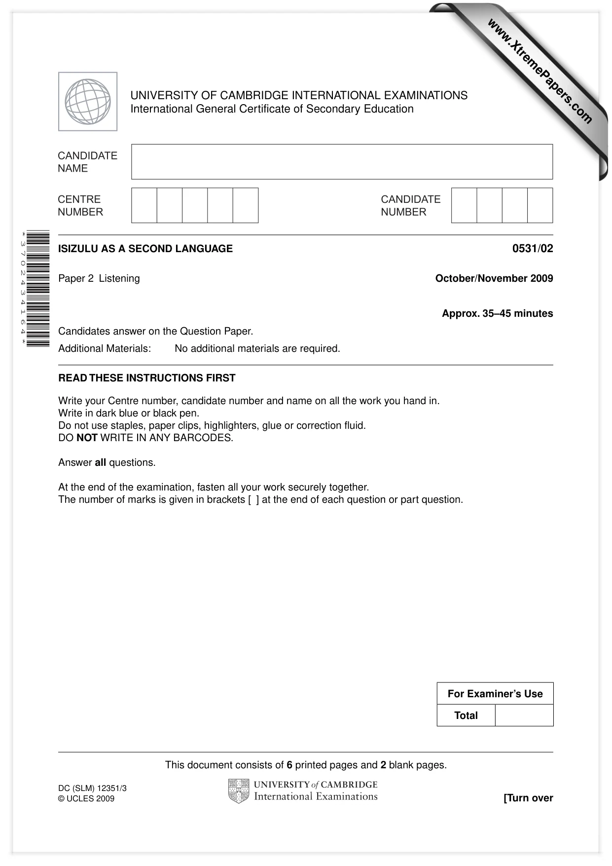Cambridge IGCSE IsiZulu as a Second Language 0531 2009 Oct/Nov Paper 2 · Variant 1 question paper, page 1 of 8