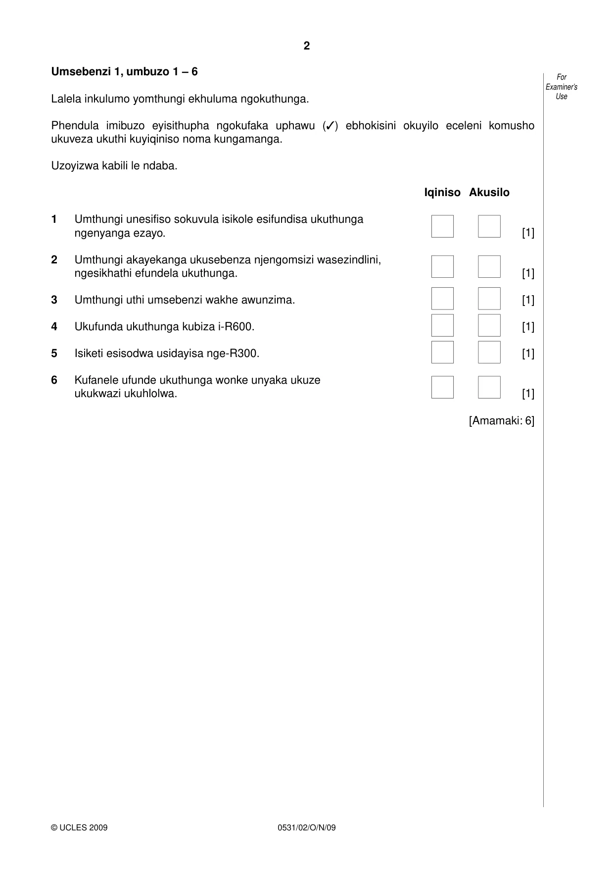 Cambridge IGCSE IsiZulu as a Second Language 0531 2009 Oct/Nov Paper 2 · Variant 1 question paper, page 2 of 8