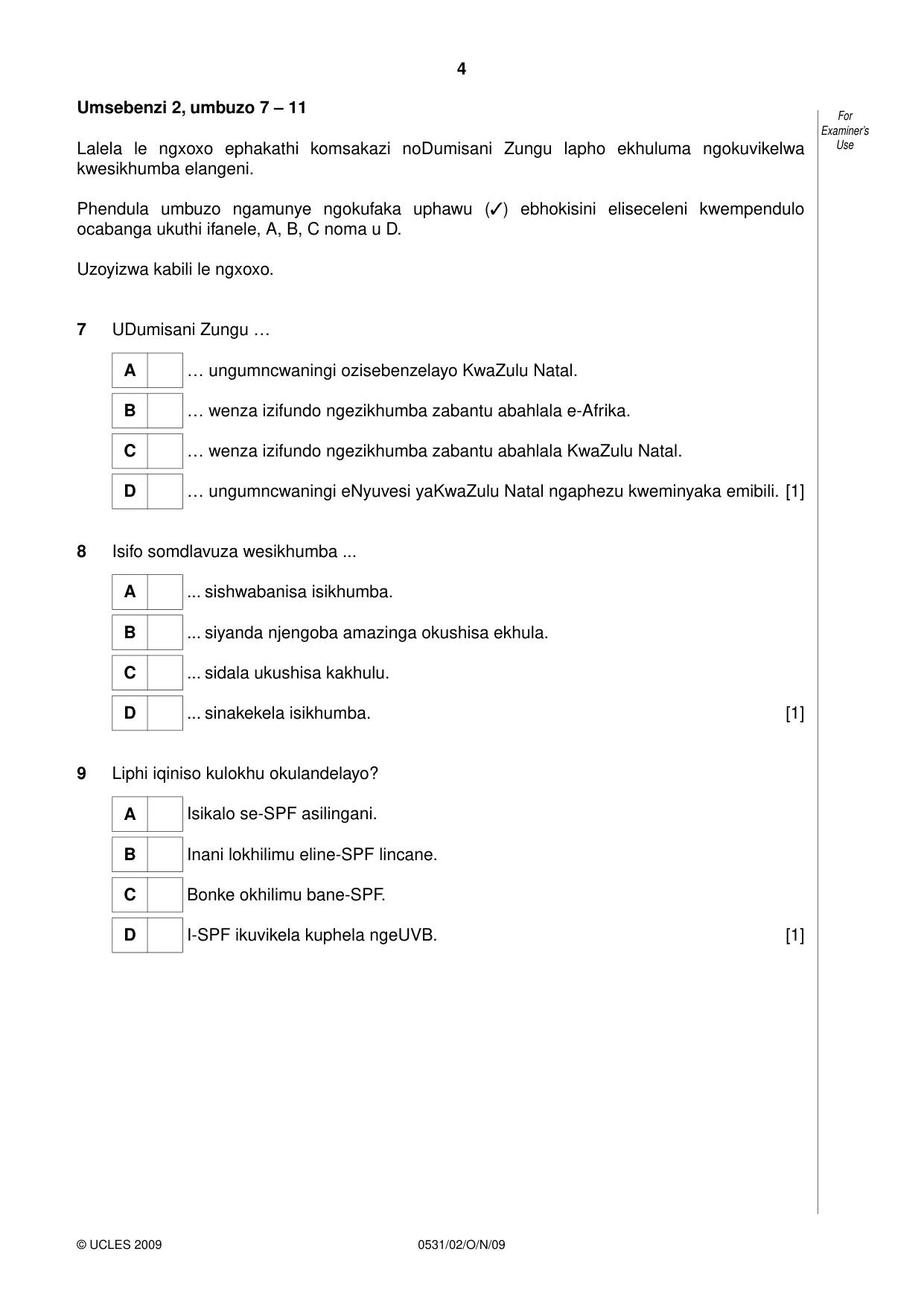 Cambridge IGCSE IsiZulu as a Second Language 0531 2009 Oct/Nov Paper 2 · Variant 1 question paper, page 4 of 8