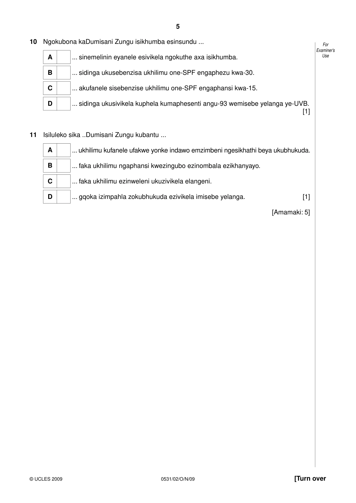 Cambridge IGCSE IsiZulu as a Second Language 0531 2009 Oct/Nov Paper 2 · Variant 1 question paper, page 5 of 8