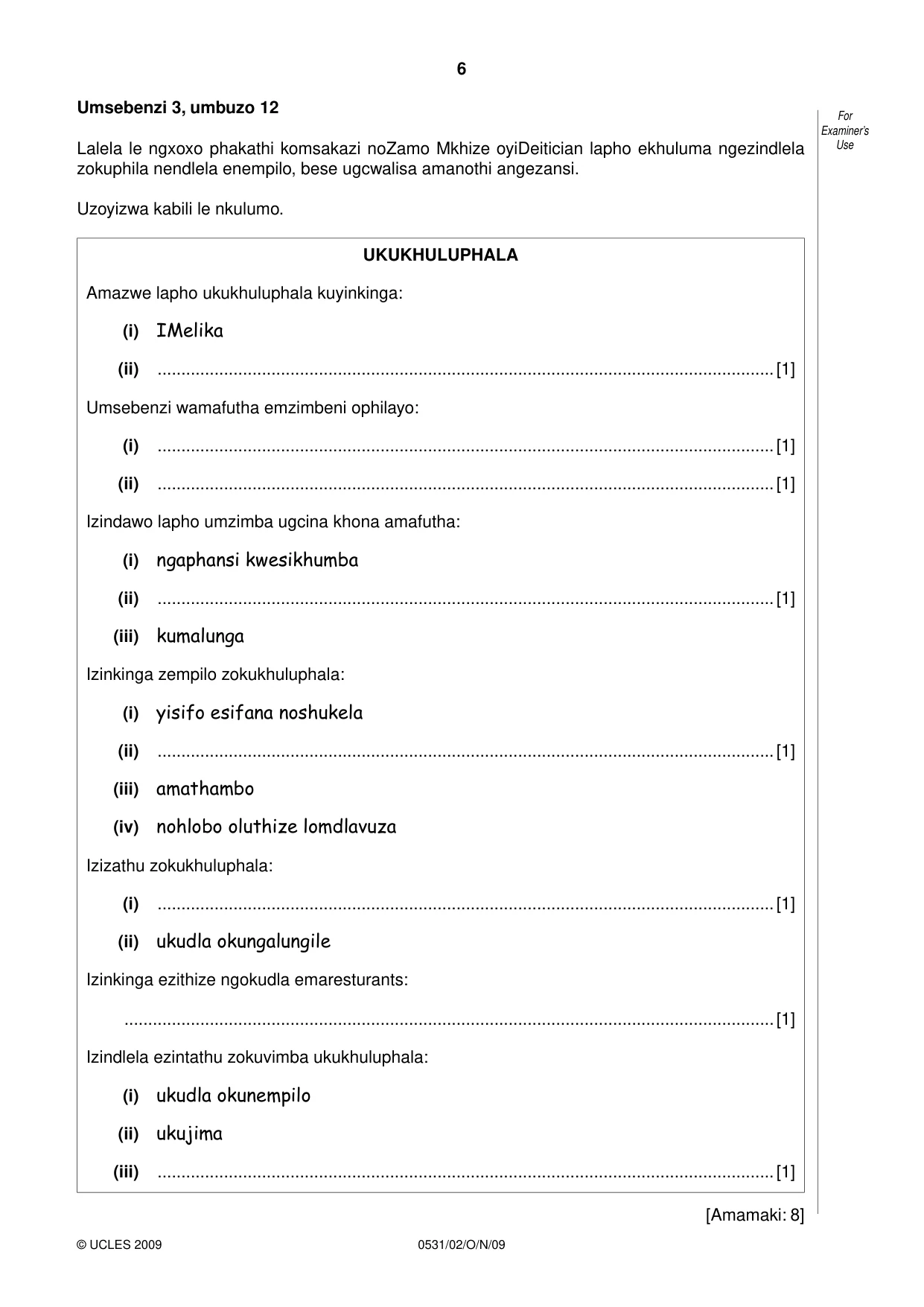 Cambridge IGCSE IsiZulu as a Second Language 0531 2009 Oct/Nov Paper 2 · Variant 1 question paper, page 6 of 8