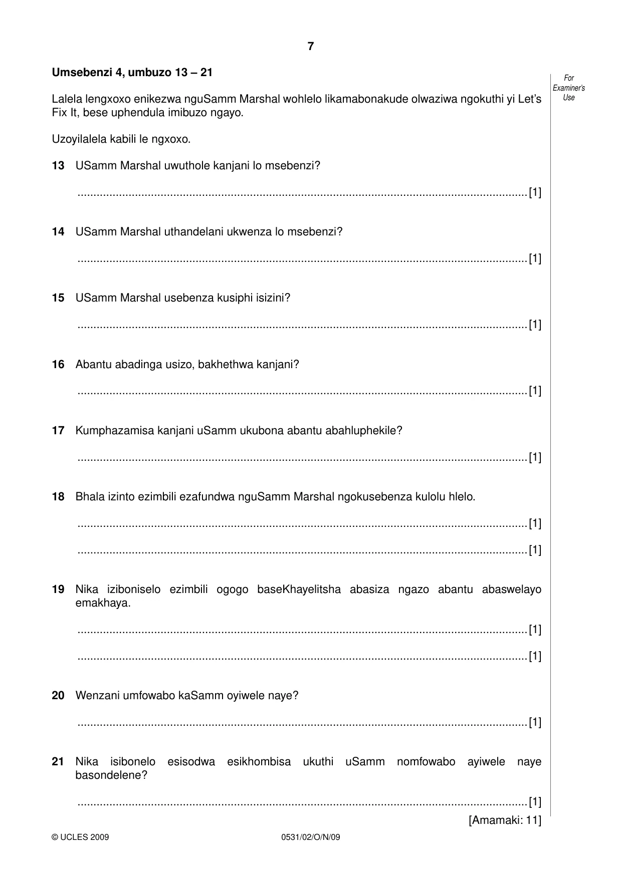 Cambridge IGCSE IsiZulu as a Second Language 0531 2009 Oct/Nov Paper 2 · Variant 1 question paper, page 7 of 8