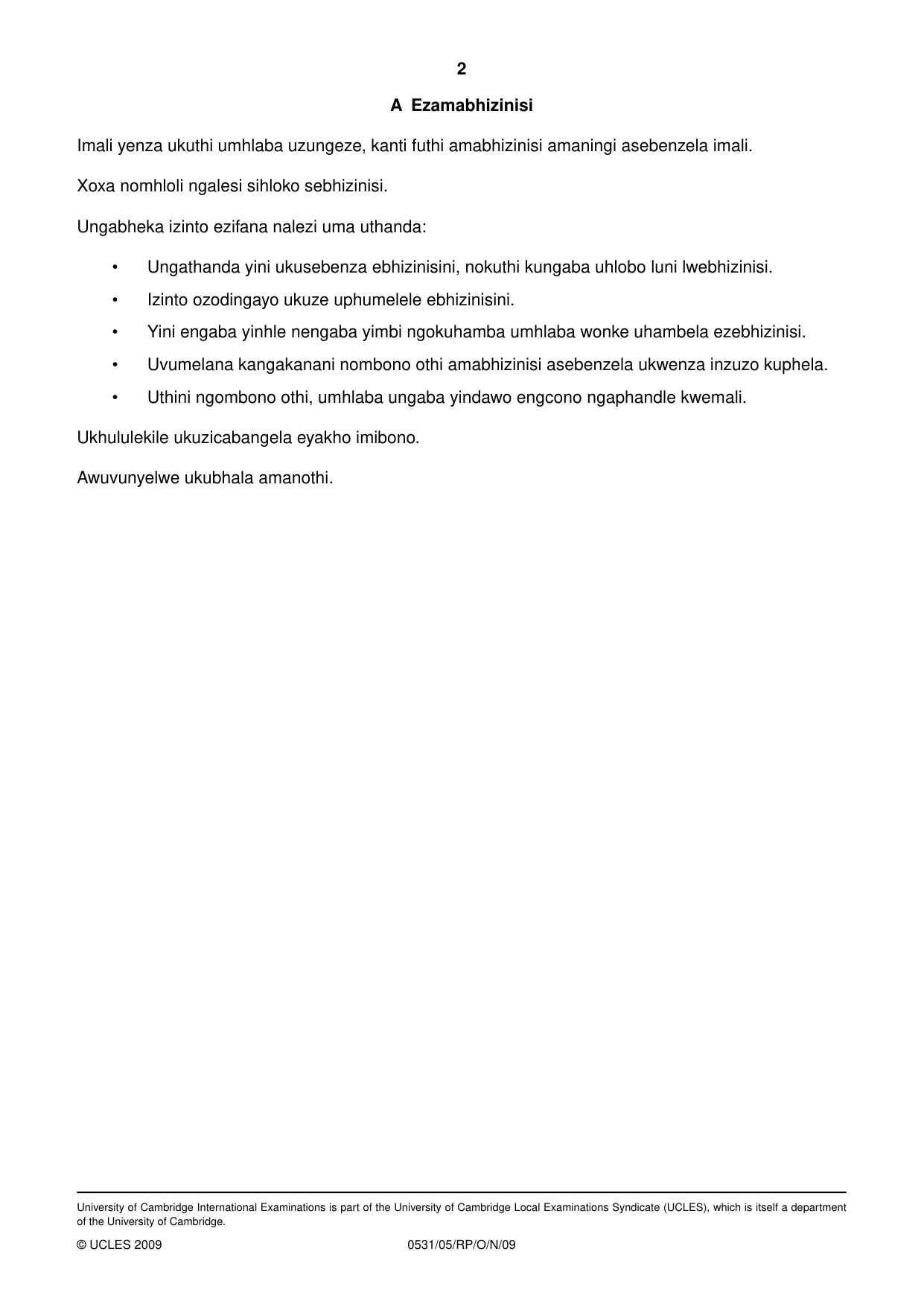 Cambridge IGCSE IsiZulu as a Second Language 0531 2009 Oct/Nov Paper 5 · Variant 1 question paper, page 2 of 10