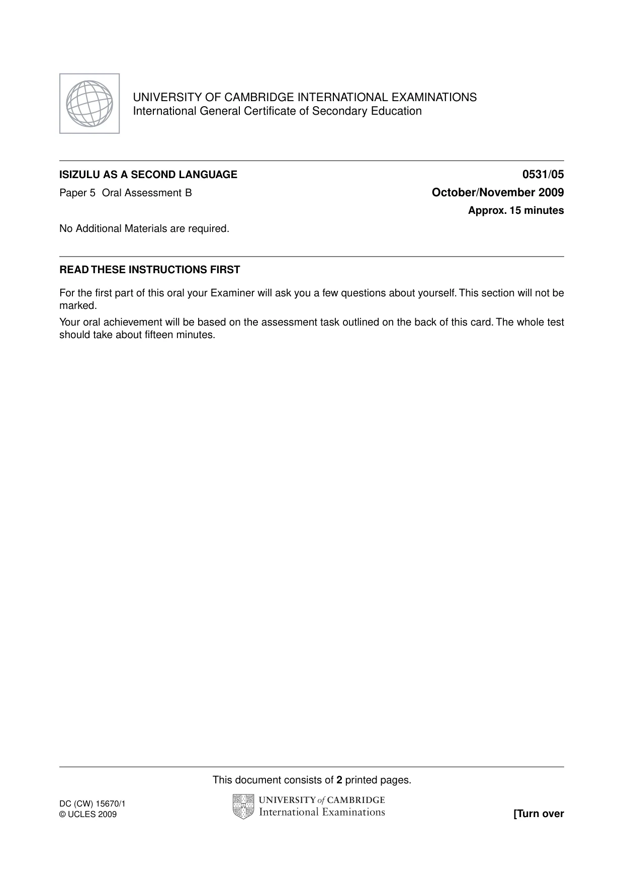 Cambridge IGCSE IsiZulu as a Second Language 0531 2009 Oct/Nov Paper 5 · Variant 1 question paper, page 3 of 10