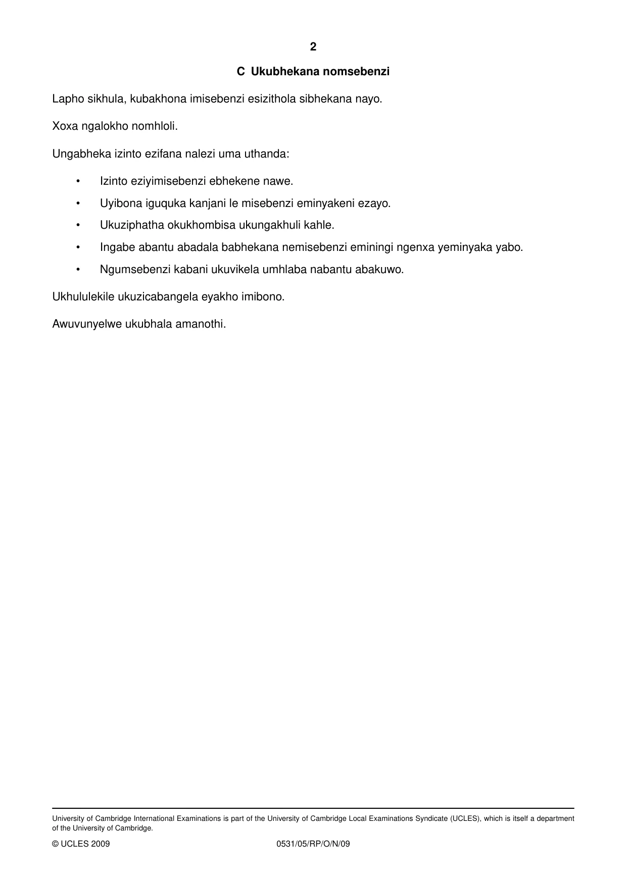 Cambridge IGCSE IsiZulu as a Second Language 0531 2009 Oct/Nov Paper 5 · Variant 1 question paper, page 6 of 10