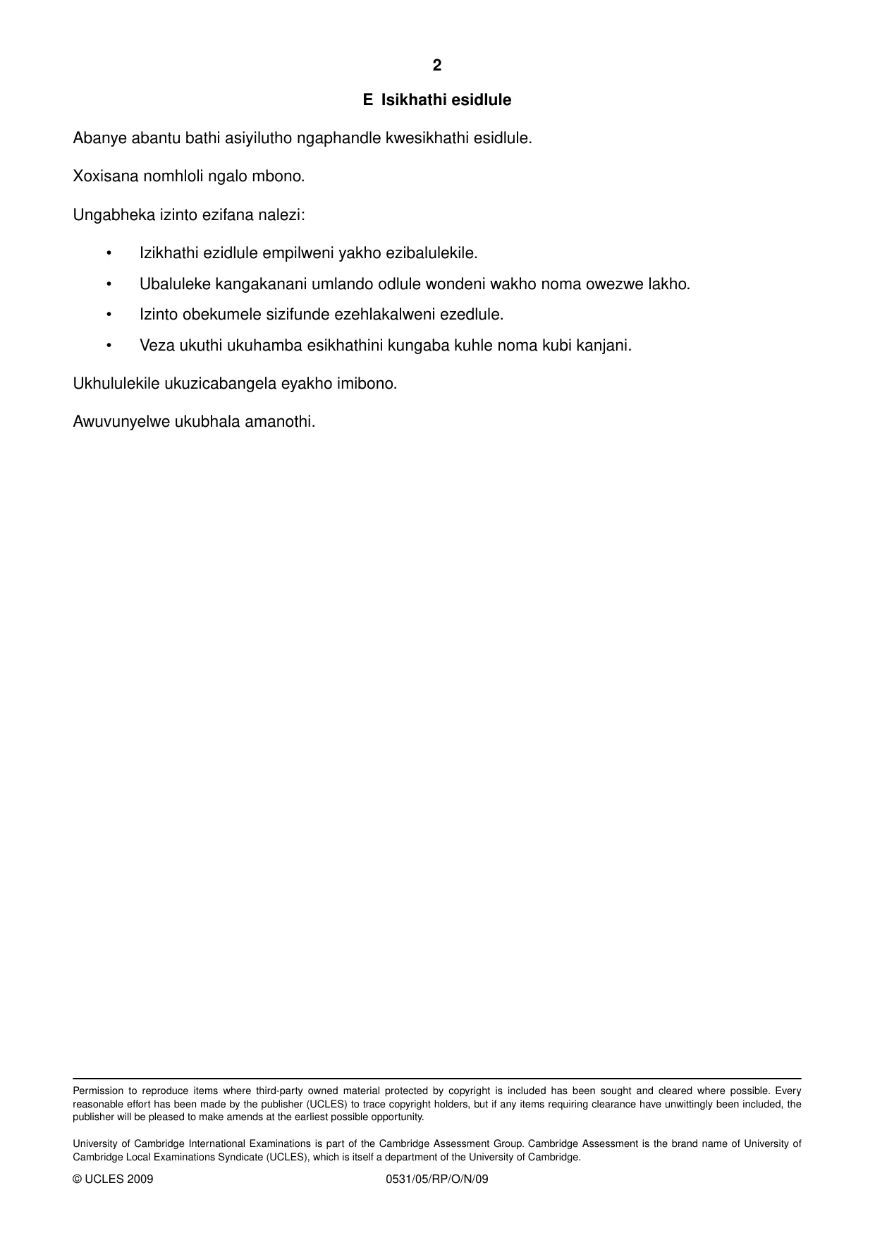 Cambridge IGCSE IsiZulu as a Second Language 0531 2009 Oct/Nov Paper 5 · Variant 1 question paper, page 10 of 10