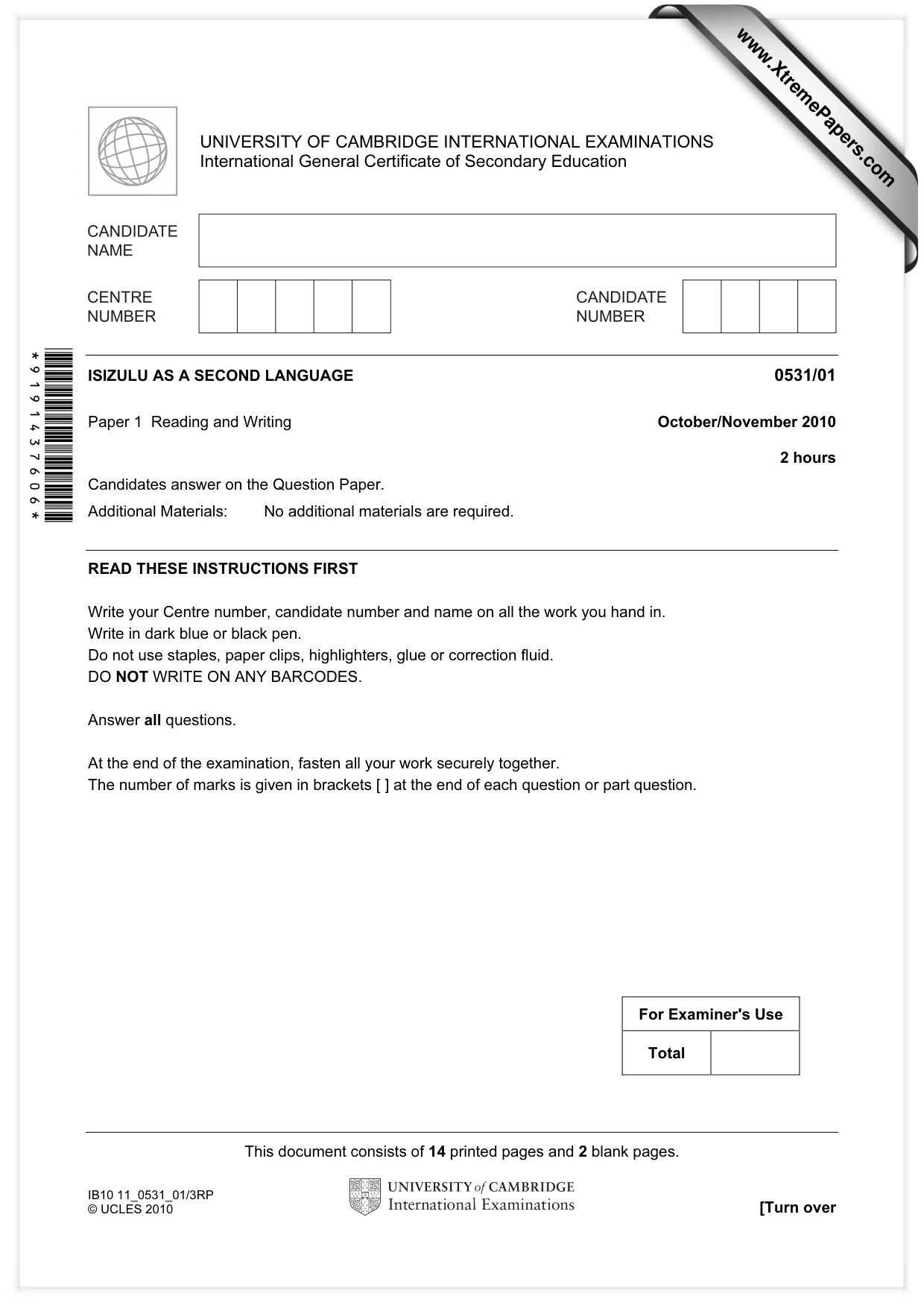Cambridge IGCSE IsiZulu as a Second Language 0531 2010 Oct/Nov Paper 1 · Variant 1 question paper, page 1 of 16
