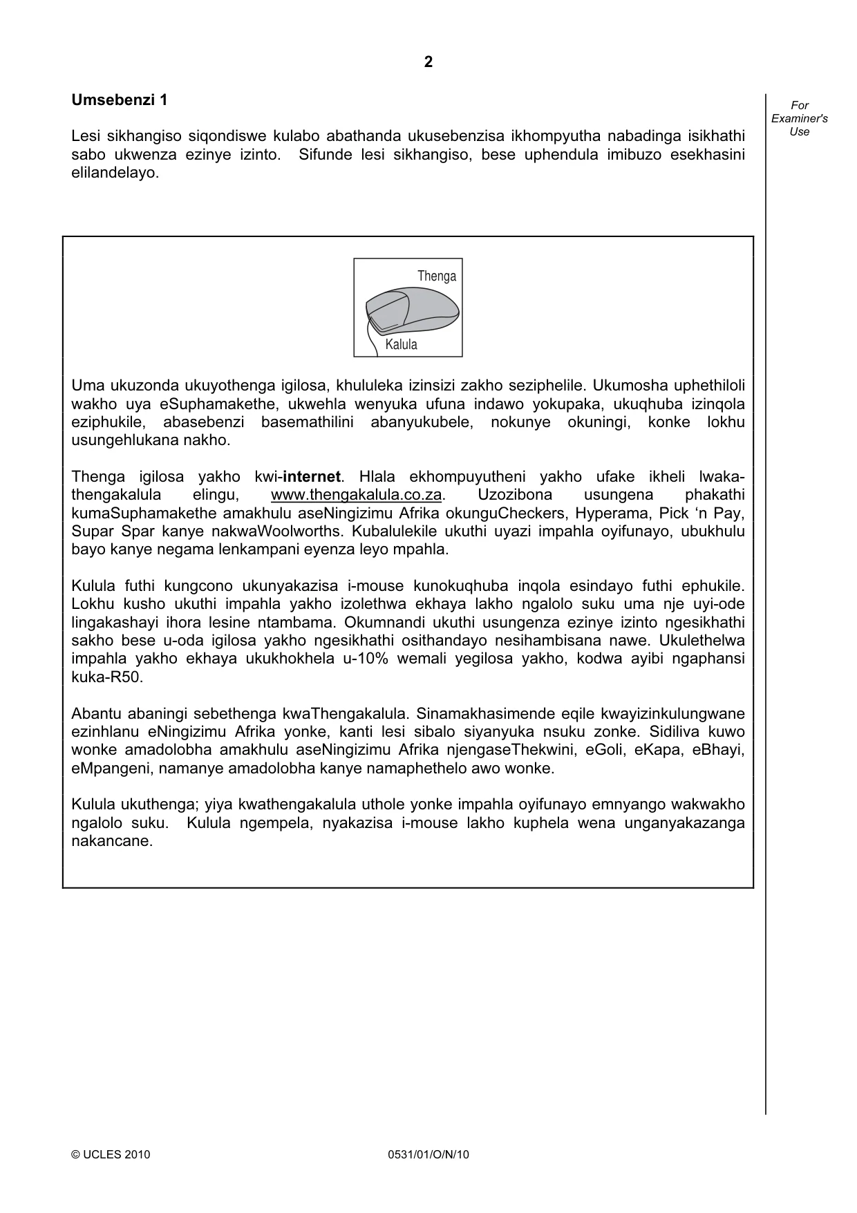 Cambridge IGCSE IsiZulu as a Second Language 0531 2010 Oct/Nov Paper 1 · Variant 1 question paper, page 2 of 16