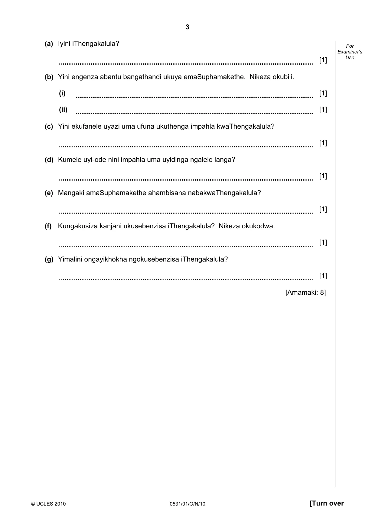 Cambridge IGCSE IsiZulu as a Second Language 0531 2010 Oct/Nov Paper 1 · Variant 1 question paper, page 3 of 16