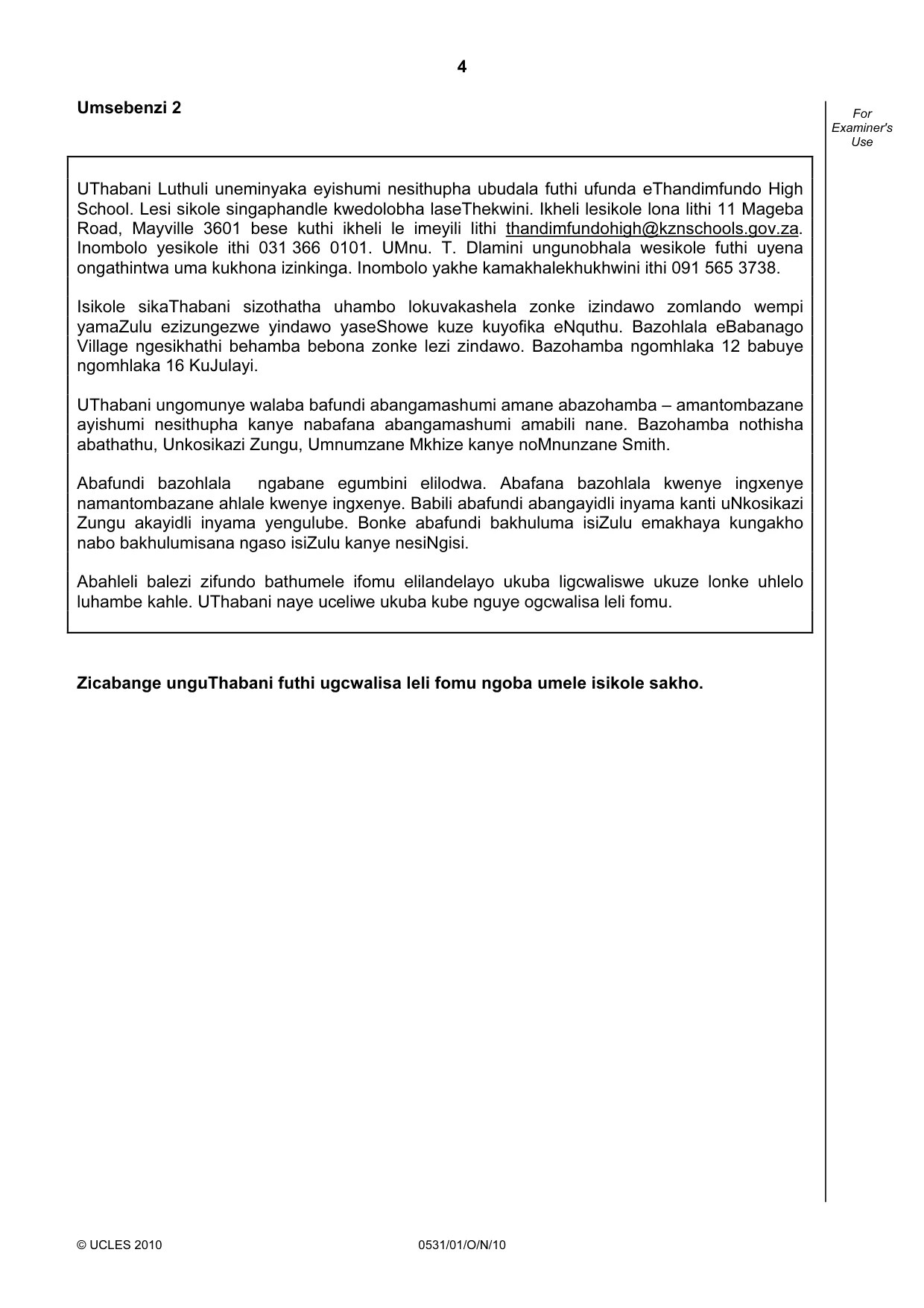 Cambridge IGCSE IsiZulu as a Second Language 0531 2010 Oct/Nov Paper 1 · Variant 1 question paper, page 4 of 16