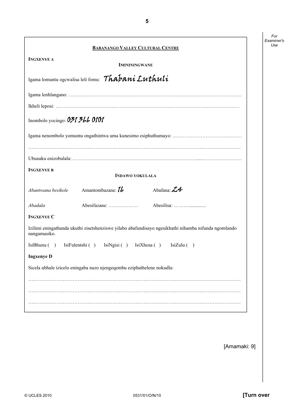 Cambridge IGCSE IsiZulu as a Second Language 0531 2010 Oct/Nov Paper 1 · Variant 1 question paper, page 5 of 16