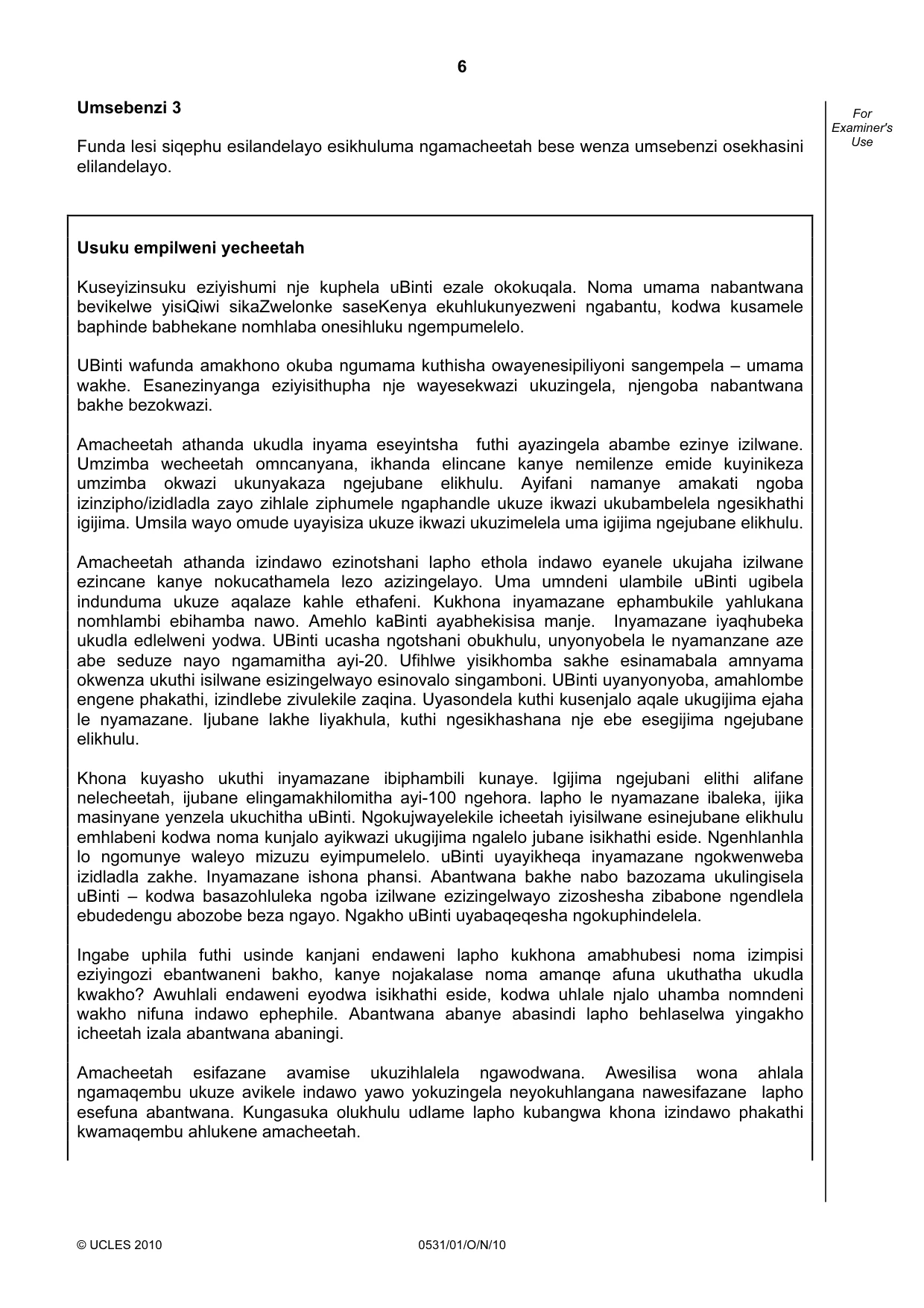 Cambridge IGCSE IsiZulu as a Second Language 0531 2010 Oct/Nov Paper 1 · Variant 1 question paper, page 6 of 16