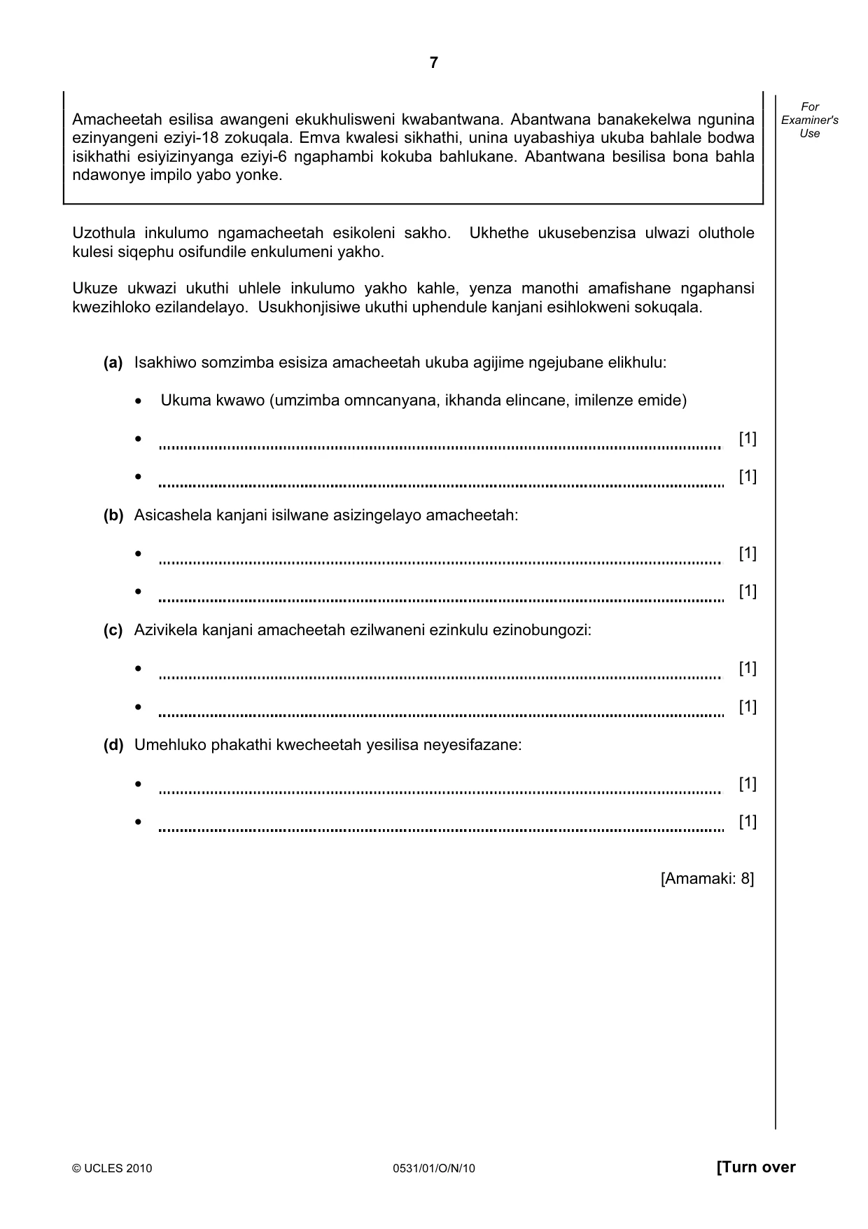 Cambridge IGCSE IsiZulu as a Second Language 0531 2010 Oct/Nov Paper 1 · Variant 1 question paper, page 7 of 16