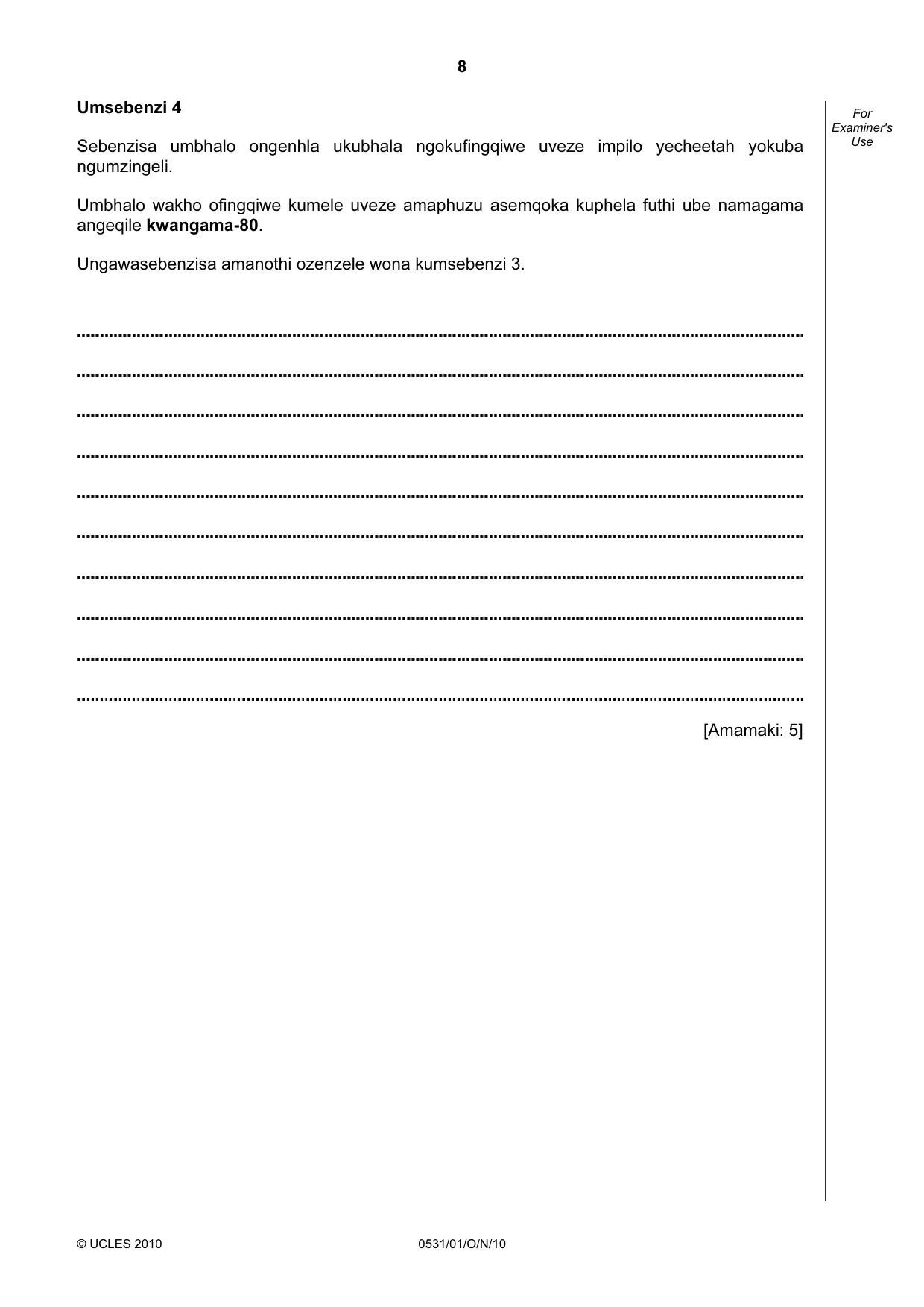 Cambridge IGCSE IsiZulu as a Second Language 0531 2010 Oct/Nov Paper 1 · Variant 1 question paper, page 8 of 16