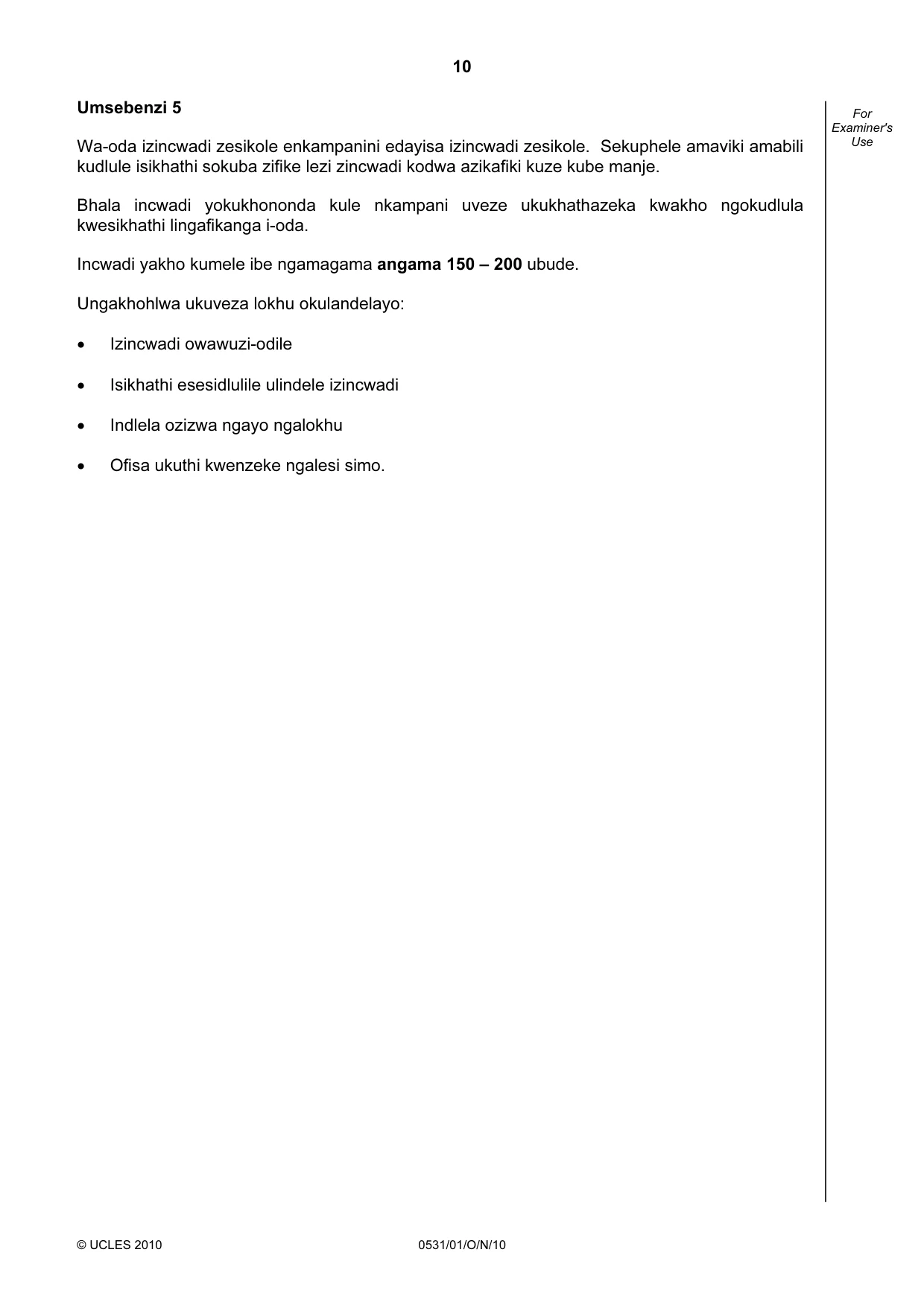 Cambridge IGCSE IsiZulu as a Second Language 0531 2010 Oct/Nov Paper 1 · Variant 1 question paper, page 10 of 16