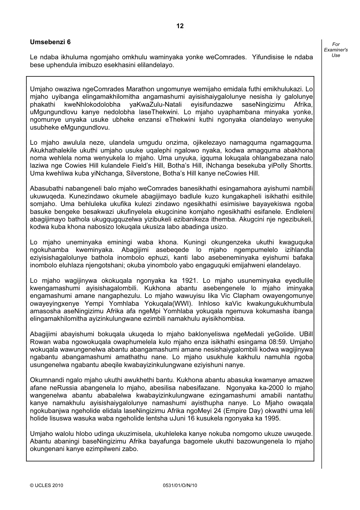 Cambridge IGCSE IsiZulu as a Second Language 0531 2010 Oct/Nov Paper 1 · Variant 1 question paper, page 12 of 16