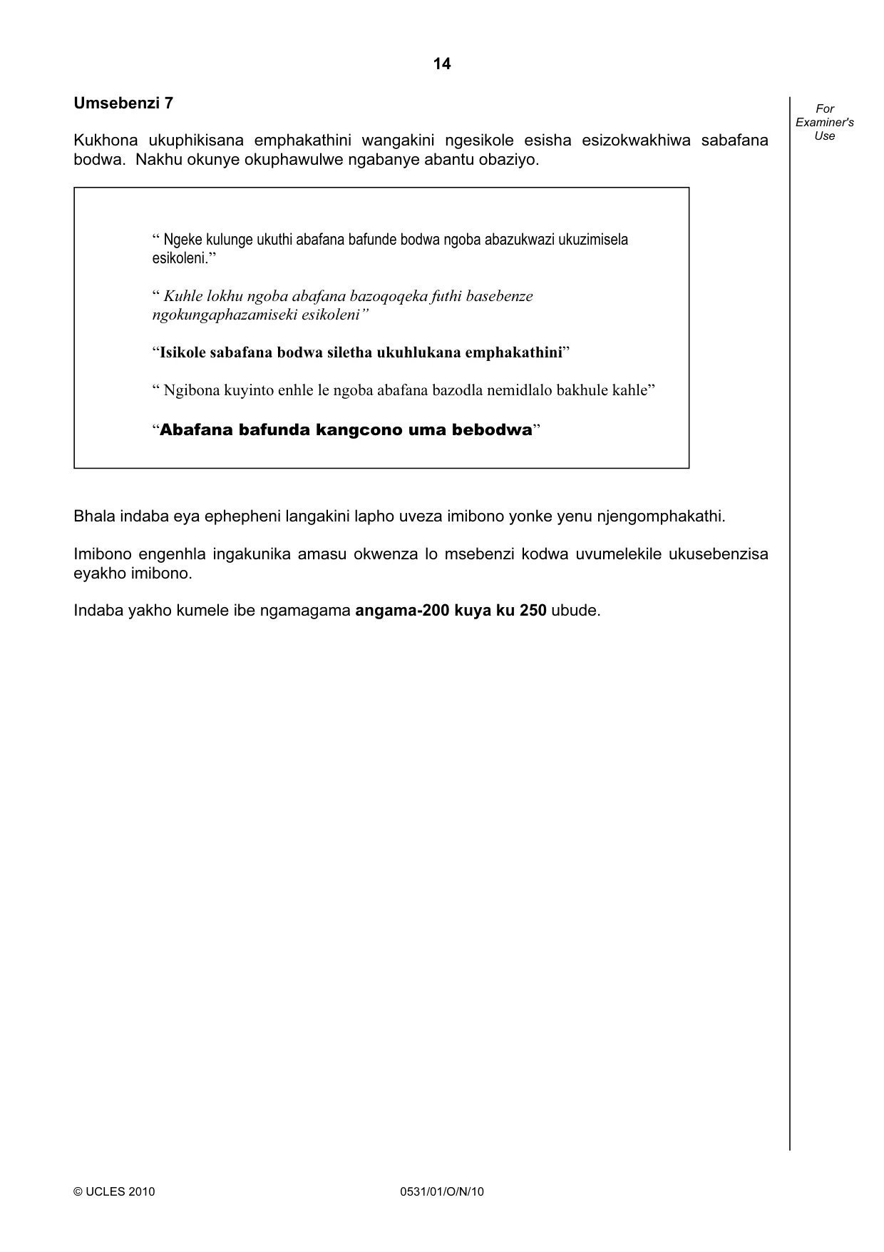 Cambridge IGCSE IsiZulu as a Second Language 0531 2010 Oct/Nov Paper 1 · Variant 1 question paper, page 14 of 16