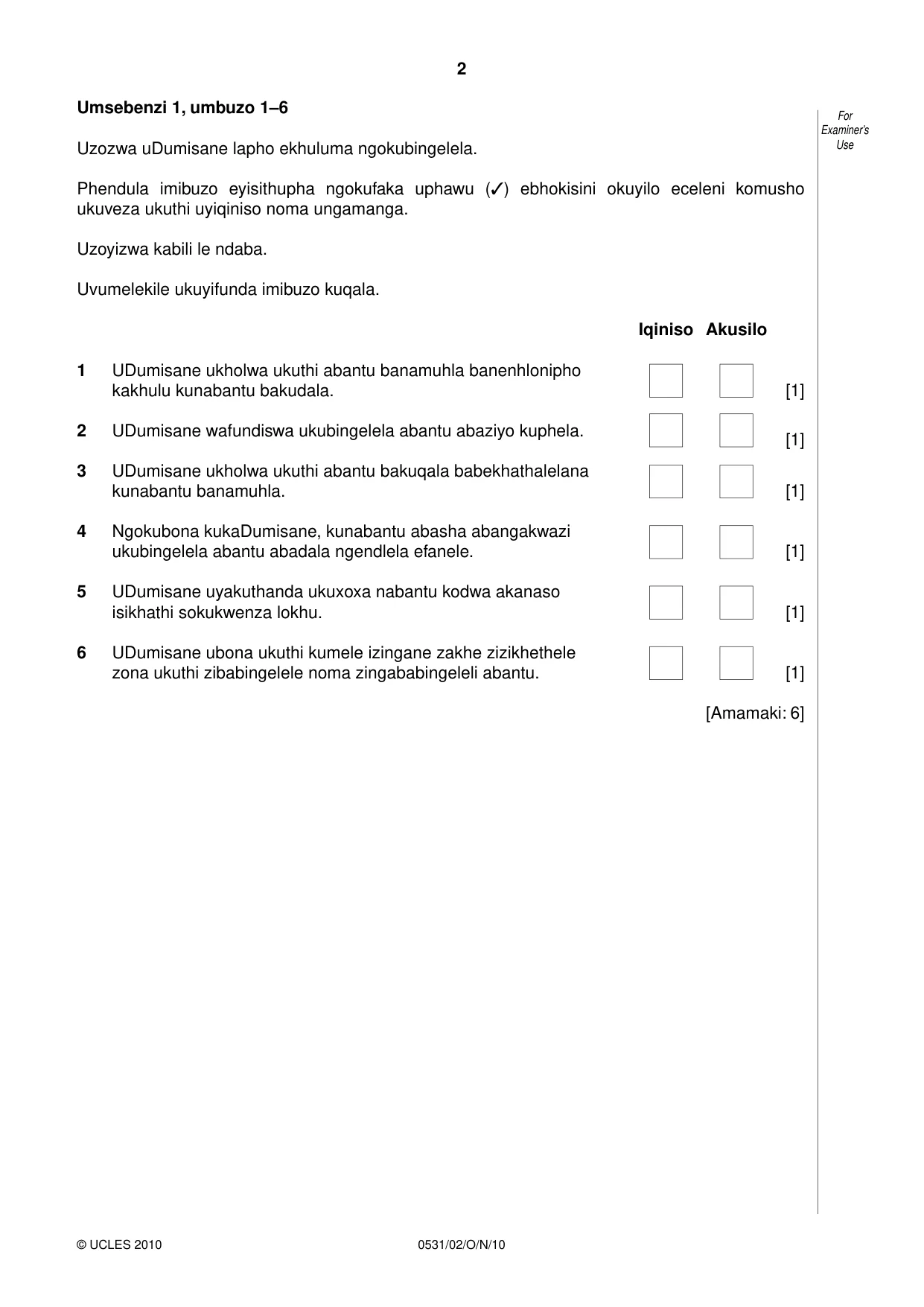 Cambridge IGCSE IsiZulu as a Second Language 0531 2010 Oct/Nov Paper 2 · Variant 1 question paper, page 2 of 8