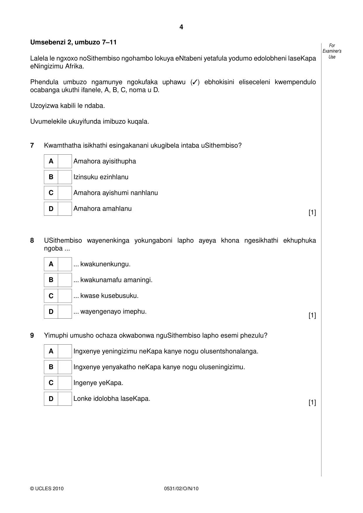 Cambridge IGCSE IsiZulu as a Second Language 0531 2010 Oct/Nov Paper 2 · Variant 1 question paper, page 4 of 8