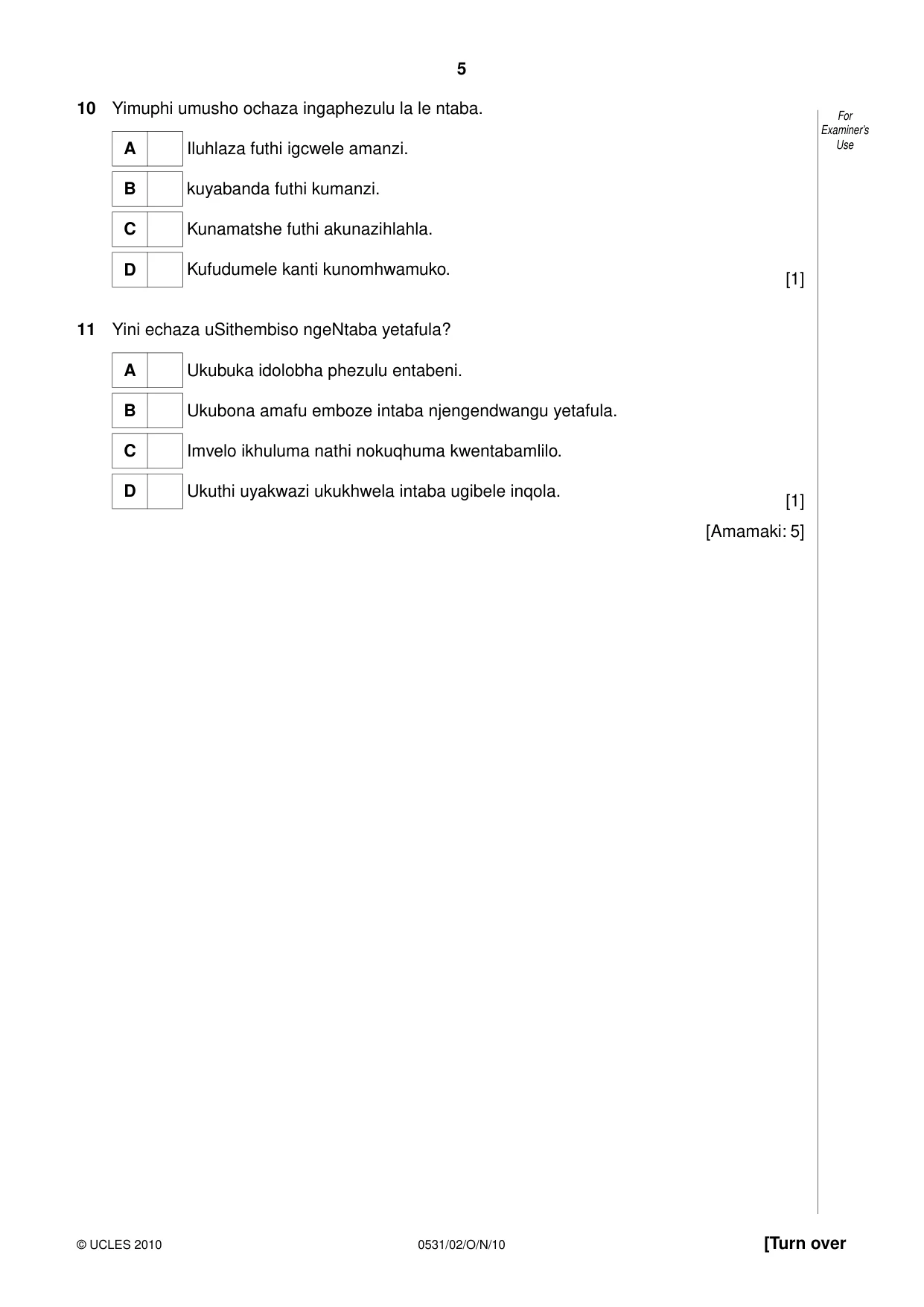 Cambridge IGCSE IsiZulu as a Second Language 0531 2010 Oct/Nov Paper 2 · Variant 1 question paper, page 5 of 8