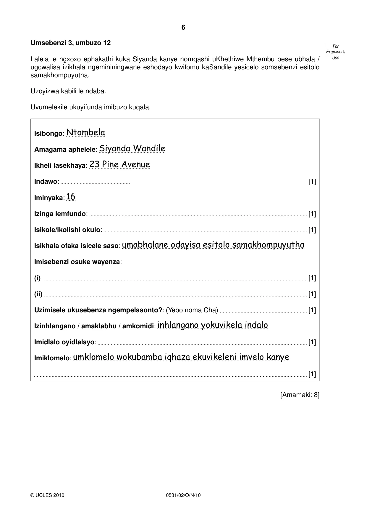 Cambridge IGCSE IsiZulu as a Second Language 0531 2010 Oct/Nov Paper 2 · Variant 1 question paper, page 6 of 8