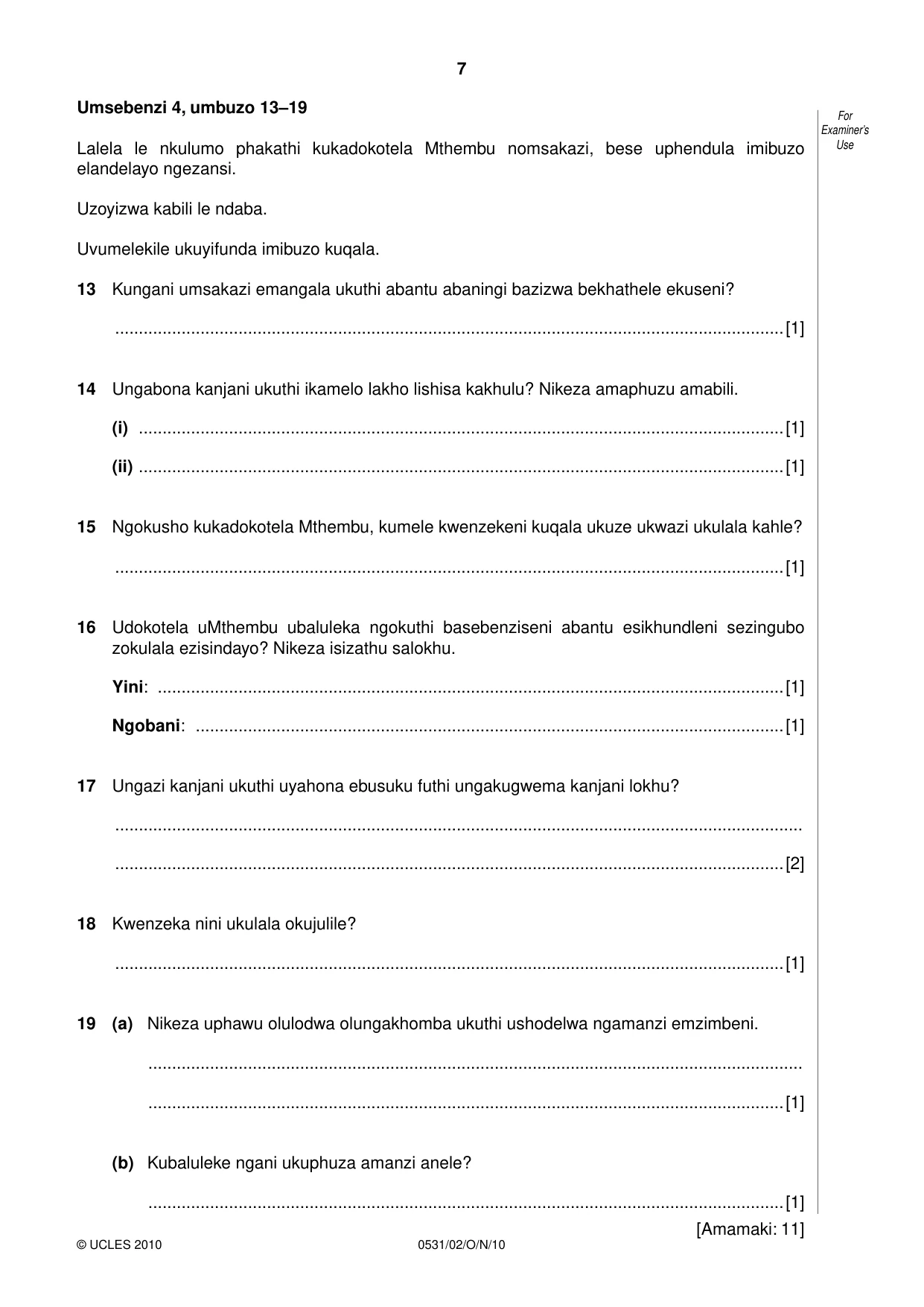 Cambridge IGCSE IsiZulu as a Second Language 0531 2010 Oct/Nov Paper 2 · Variant 1 question paper, page 7 of 8
