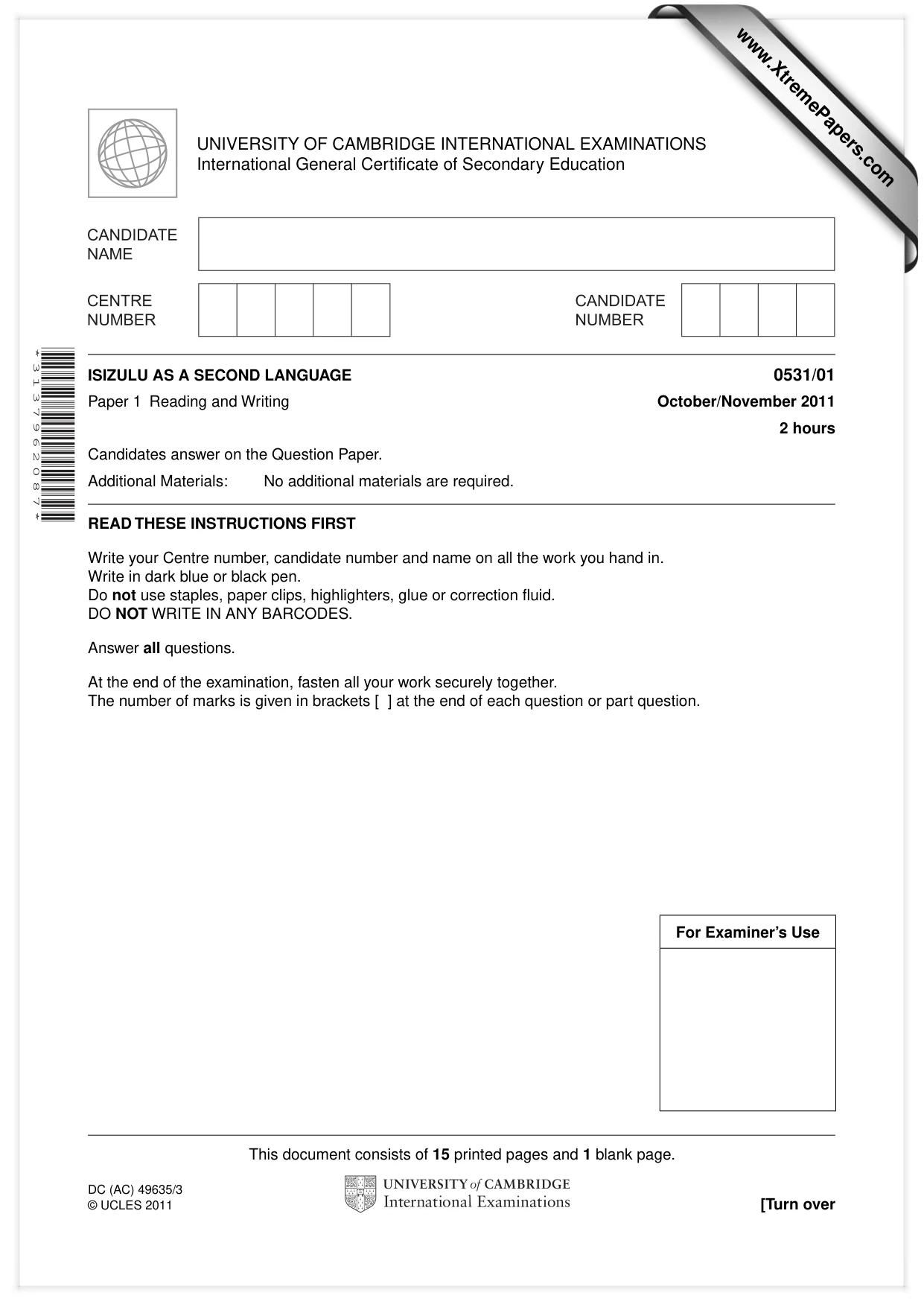 Cambridge IGCSE IsiZulu as a Second Language 0531 2011 Oct/Nov Paper 1 · Variant 1 question paper, page 1 of 16